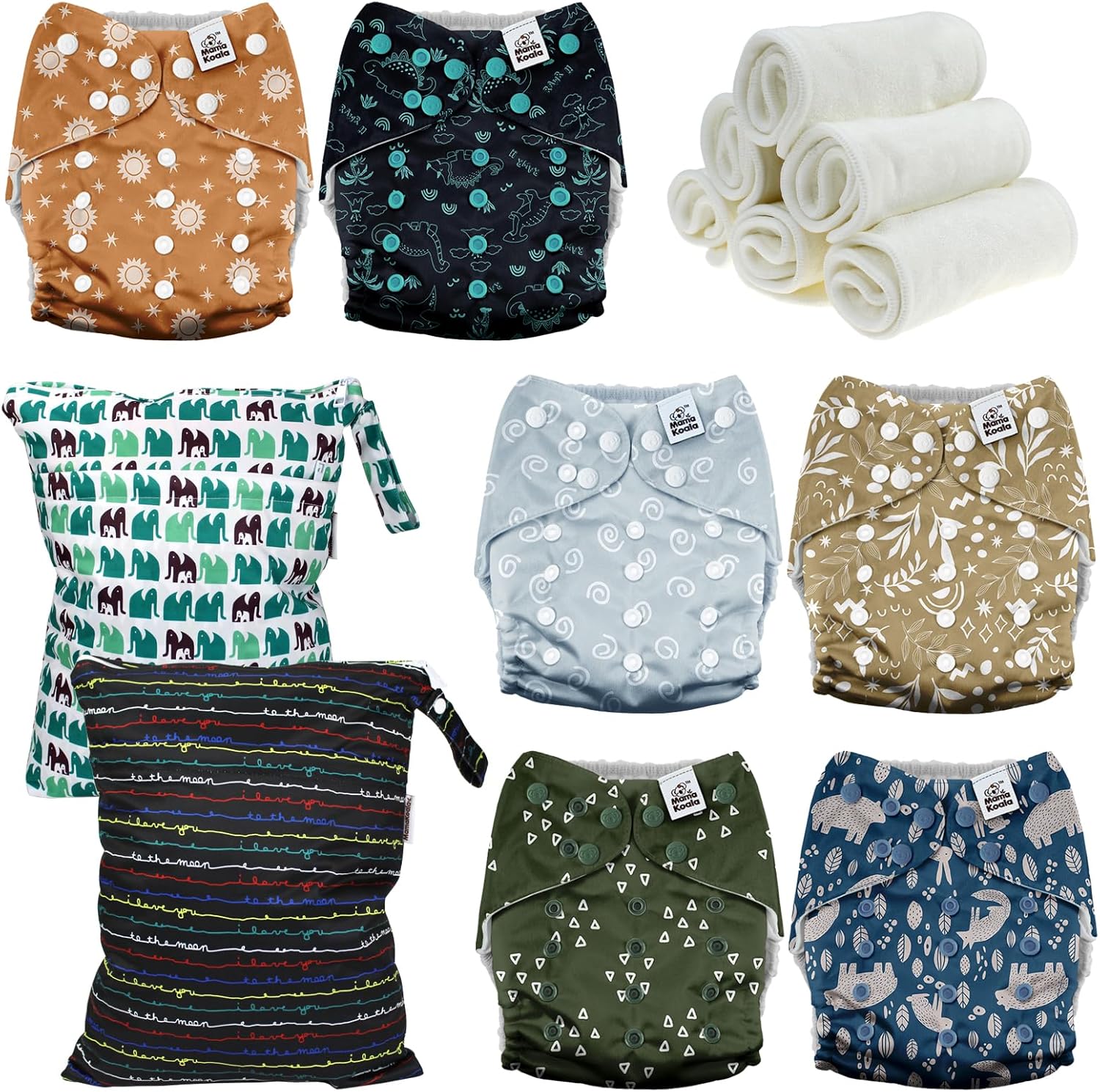 Mama Koala 3.0 Baby Cloth Diapers with 6 Inserts Bundle(Natural Elements), with 2 Pack Waterproof Wet Dry Bags