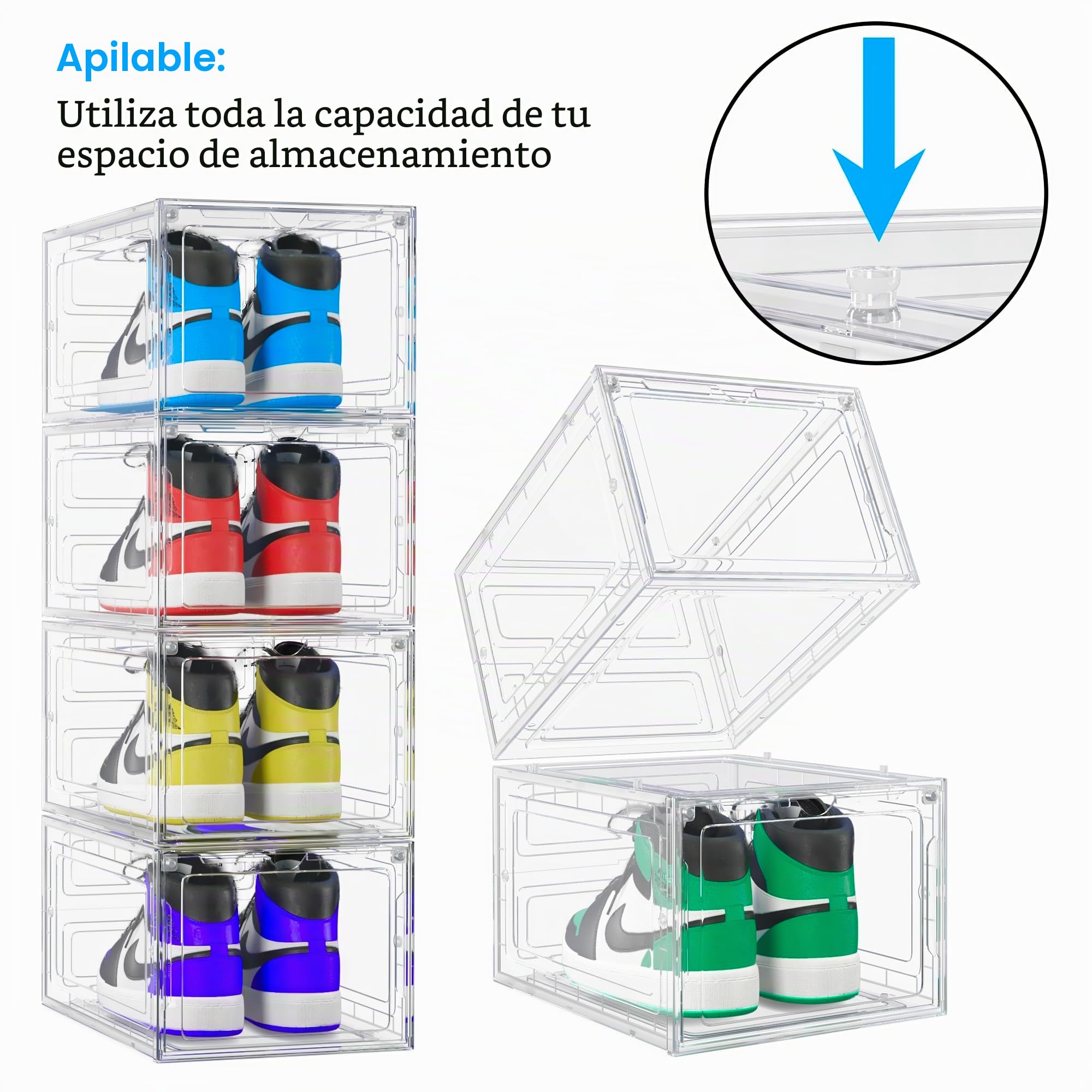 Paquete de 8 cajas de almacenamiento de zapatos, cajas apilables transparentes, cajas de almacenamiento de plástico para entrenadores, contenedores transparentes para exhibición de