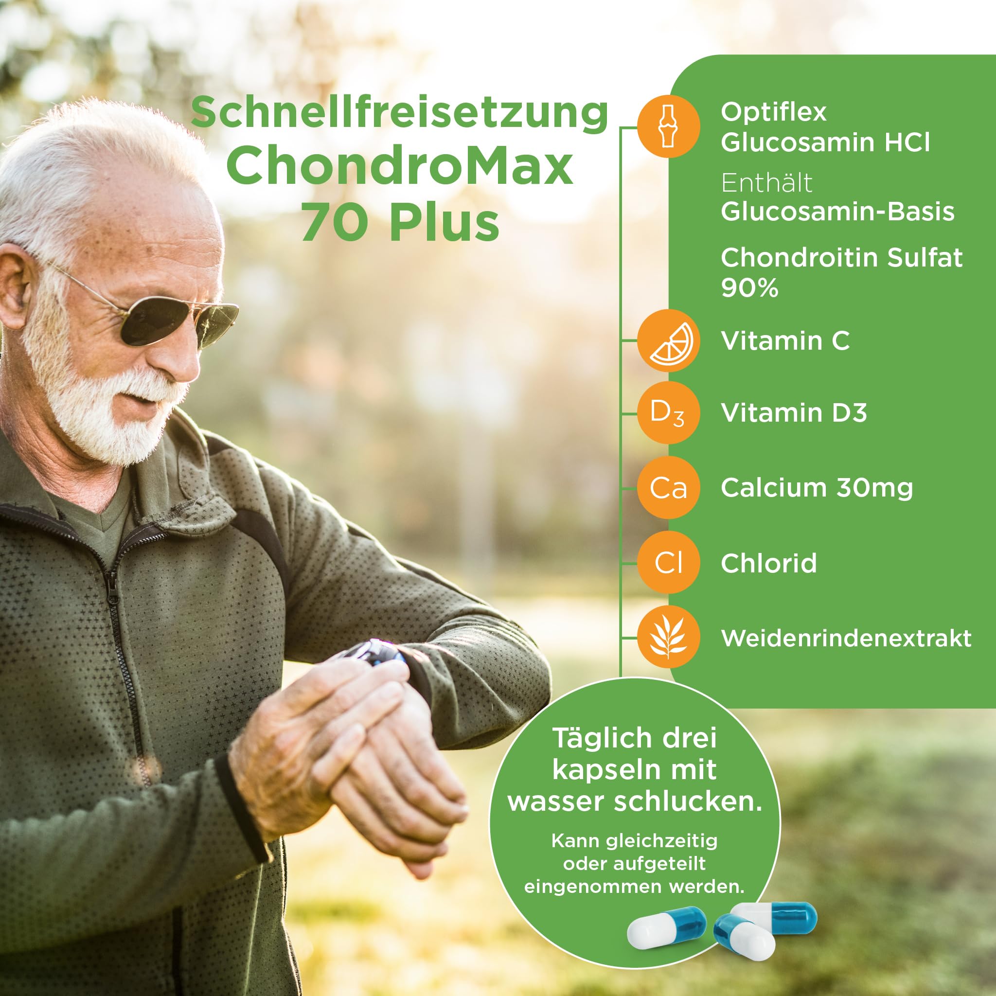 Healthspan Glucosamin & Chondroitin 70 Plus | Hochwertige Gelenkgesundheit mit Optiflex Glucosamin HCI, Vitaminen und Mineralien | Schnell lösliche Kapseln für Menschen über 70 Jahre | 120 Kapseln