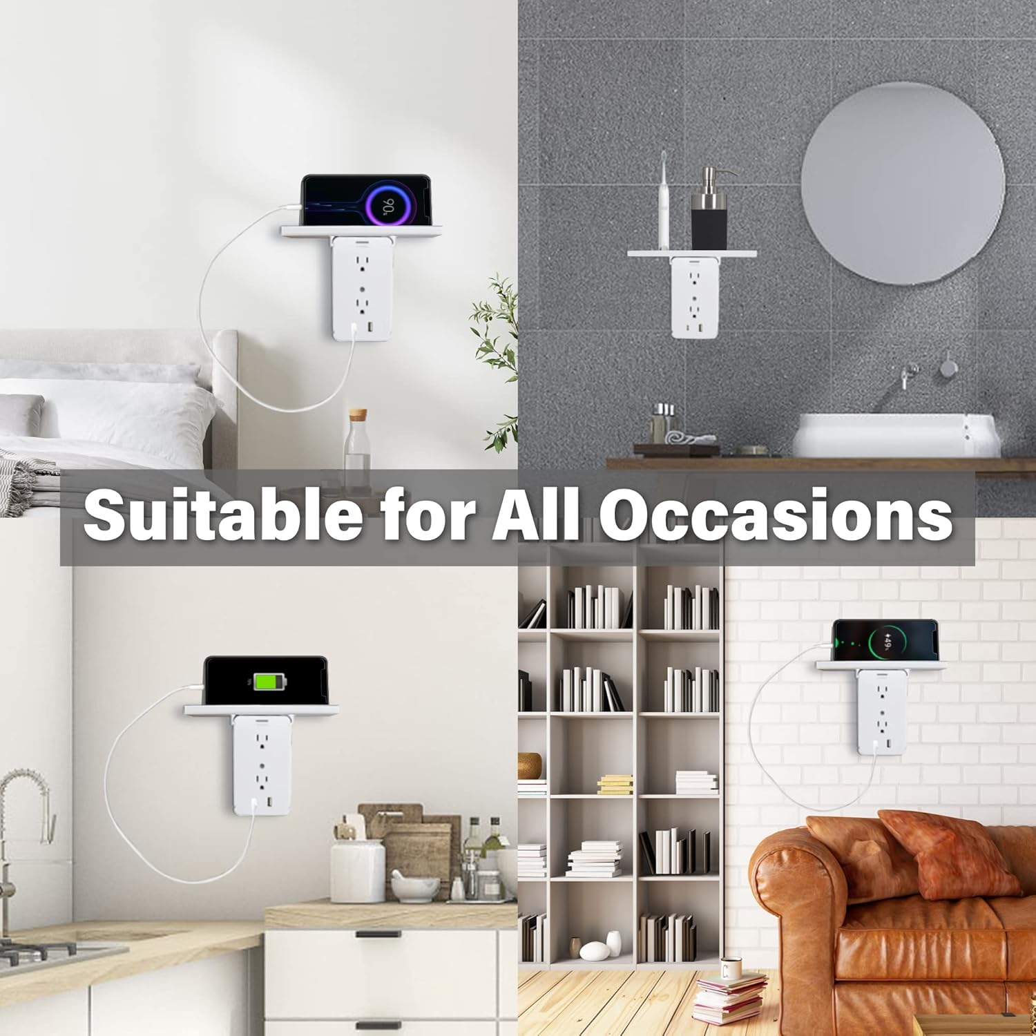 Wall Outlet Extender-2 Pack Surge Protector Wall Plug with USB A+C Ports (3.4A Total), 8 AC Outlets, Removable Outlet Shelf and Type-C Cable Included, Compatible with GFCI,1020J