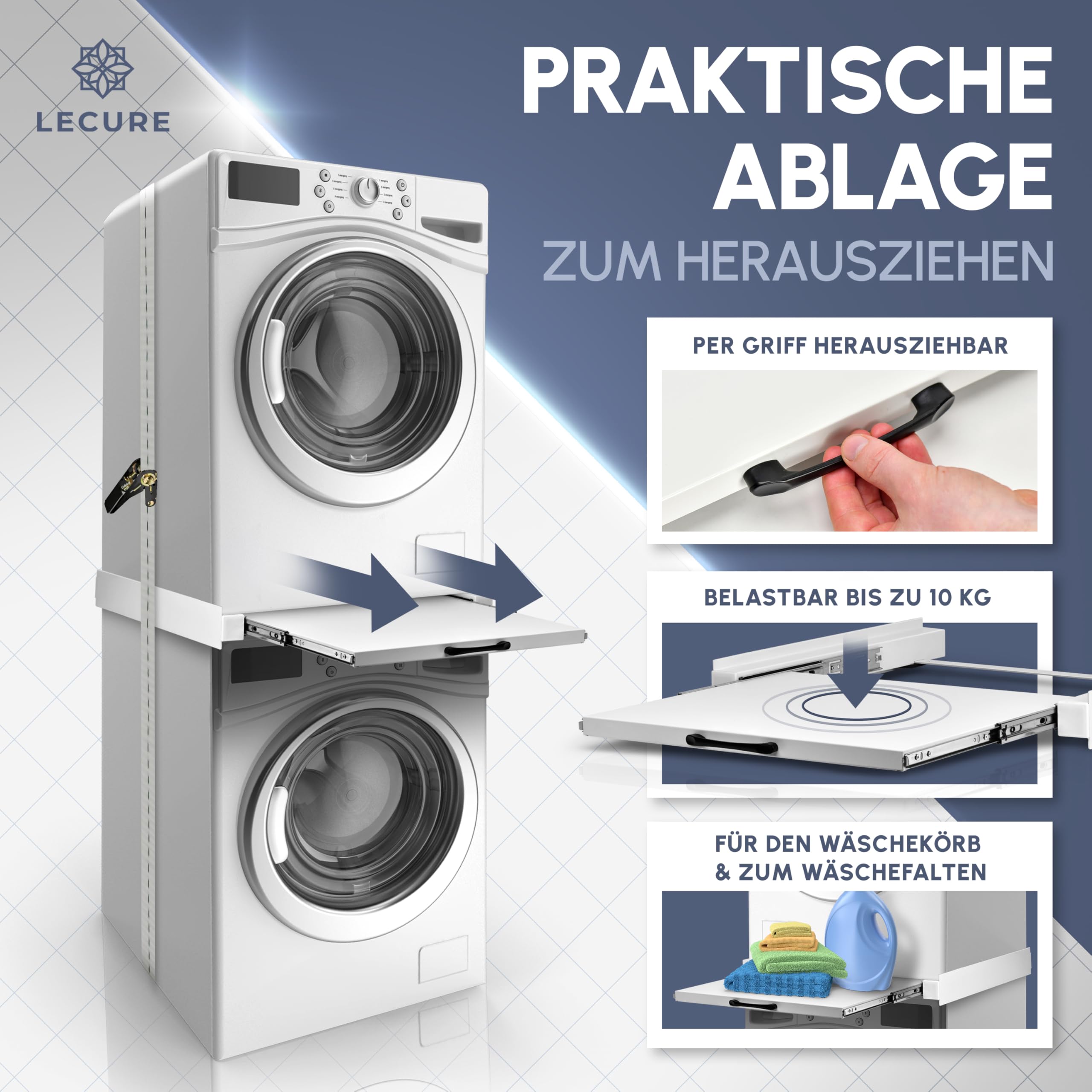 Waschmaschinen-Verbindungsrahmen [60x60cm] - Universal einsetzbarer Zwischenbaurahmen zur Verbindung von Waschmaschine und Trockner - Inkl. Ausziehplatte