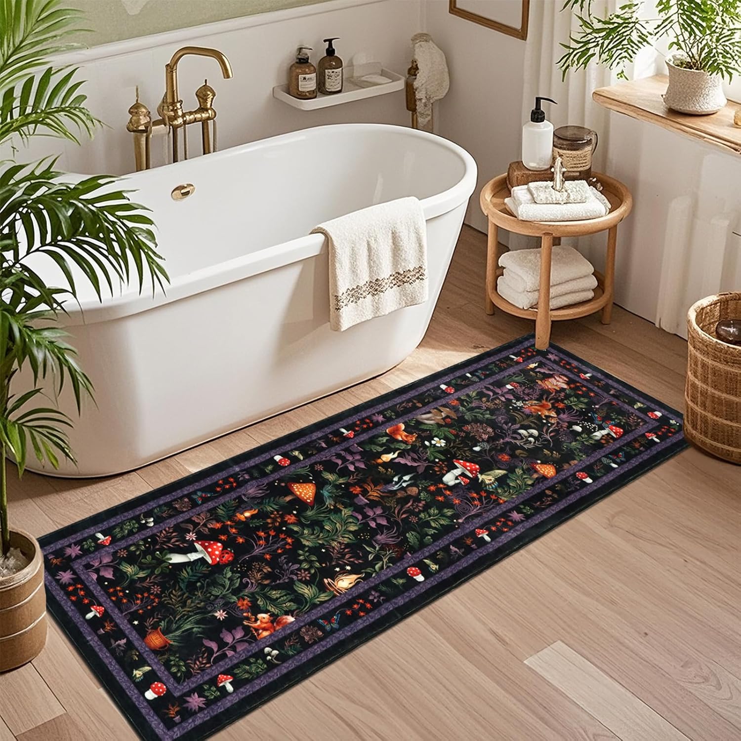 nerst Fantasy Mushroom Runner Rugs for Hallway 2x6ft, Non Slip Botanical Kitchen Rug Washable, Soft Thin Plant Bedside Runners, Cute Woodland Floor Carpet for Bedroom Hall Bathroom Laundry (Black)