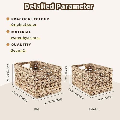 Miniatura 3 de Cesta rectangular de almacenamiento de jacinto de agua, cestas de mimbre para organizar, cestas de jacinto con asa, cesta decorativa de ratán para