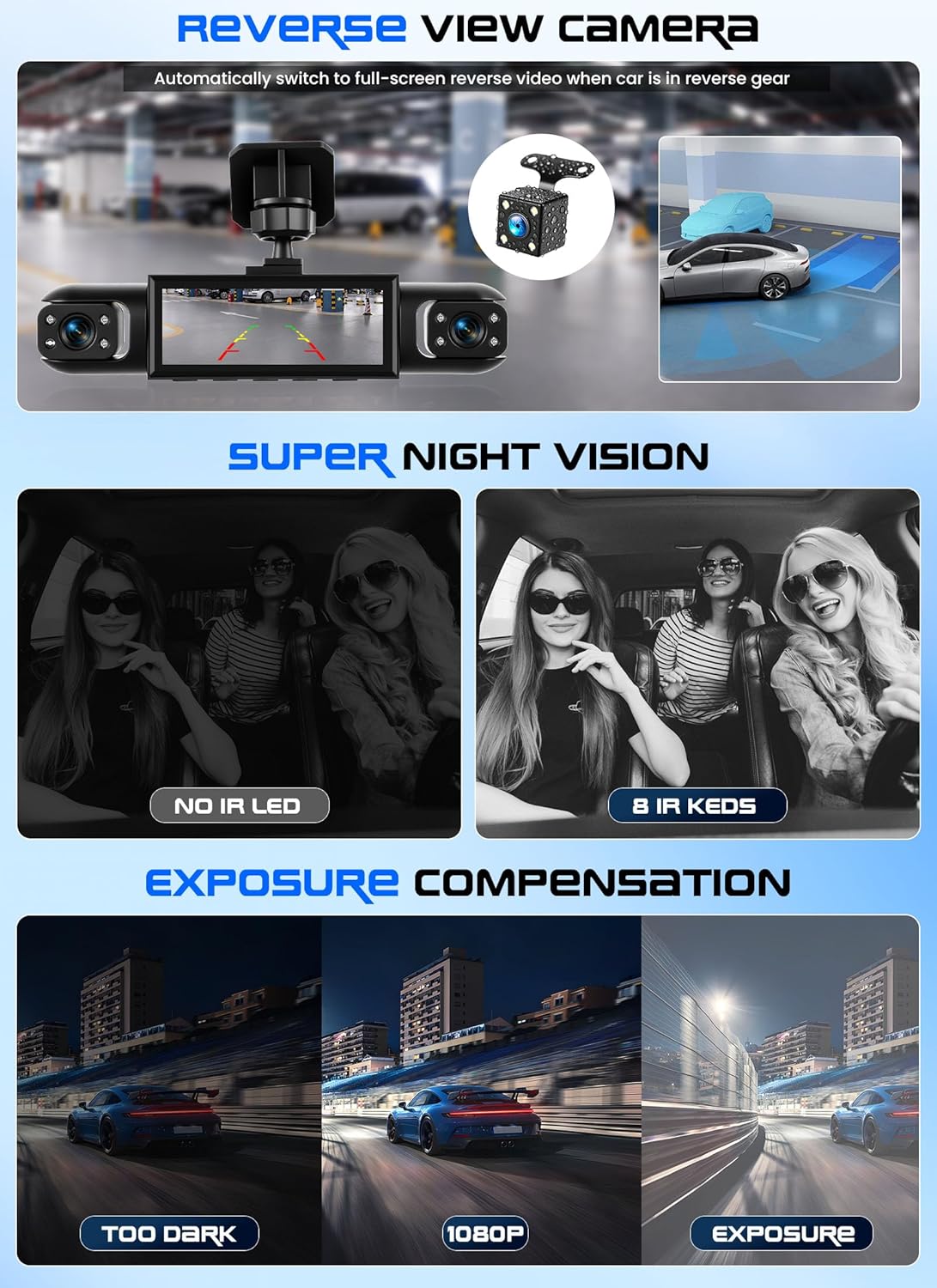 4 Channel Dash Cam 360°View, 1080P Front and Rear Left Right Inside 3.16 Inch Dash Camera for Cars, 8 IR Lamps Night Vision Camera for Cars 170 Wide Angle, Reserve Assist Fit for All Cars