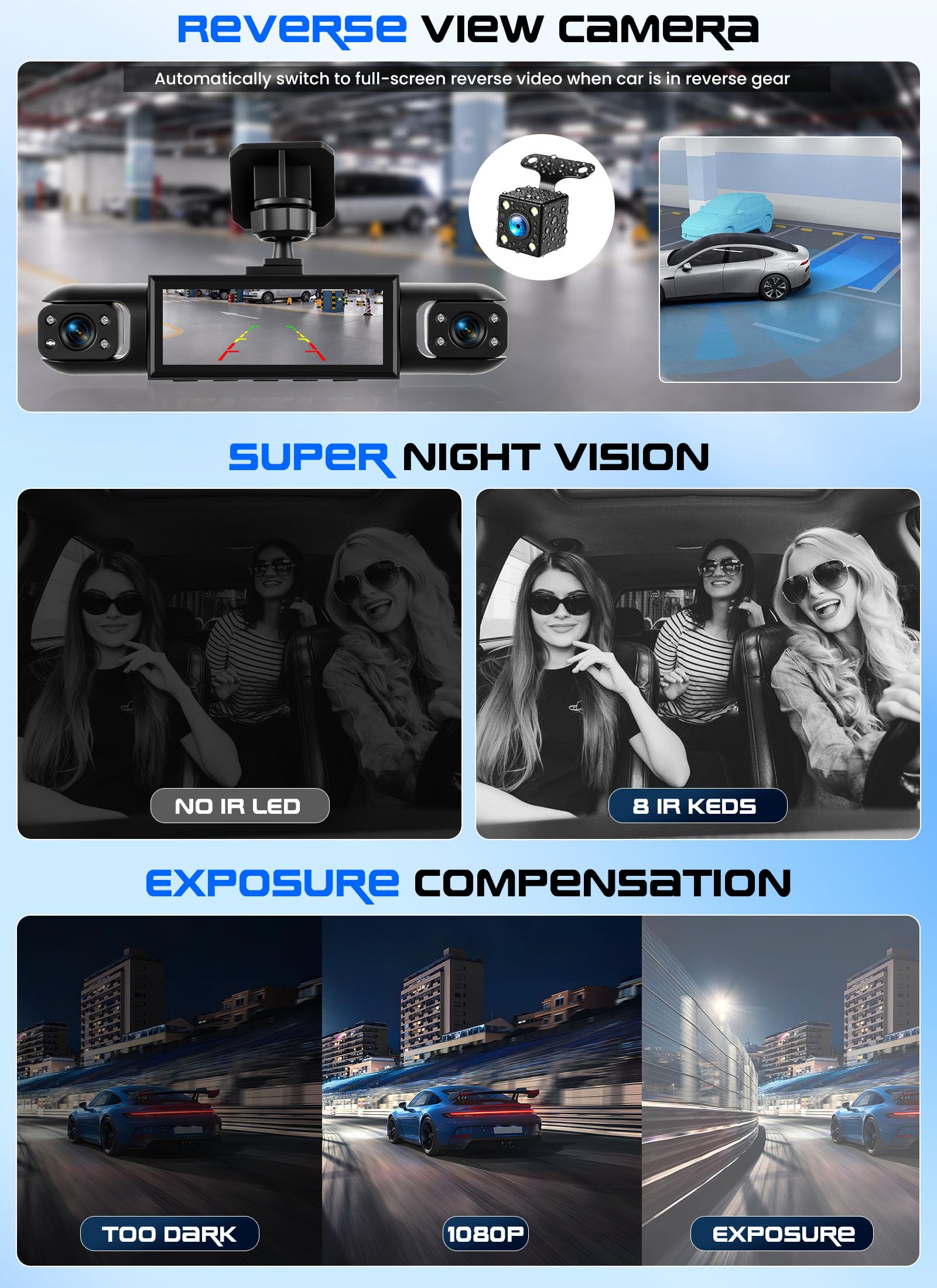 CAMECHO Dashcam 4 Canales 1080P, visión 360° para Coche, 4 cámaras Ajustables, Pantalla 3.16", guías de Aparcamiento, Compensación de exposición, grabación en Bucle, Montaje Sencillo