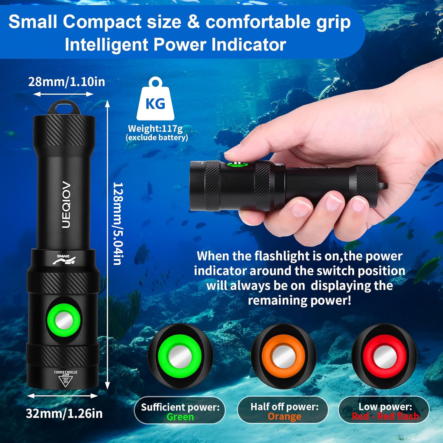 DM-006 Diving Light, 2000lm Scuba Diving Flashlight, IPX8 Waterproof, 100 Meters Submersible, Aluminum, Battery Powered