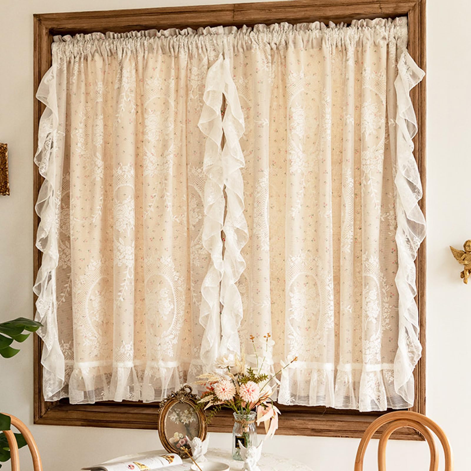 ZZYK Double Layer Valances for Windows Small Ruffled Lace Curtains for Kitchen Living Room Cafe Laundry Basement,Light Filtering Privacy Washed Linen Curtain,Paste,59" W x 47" L