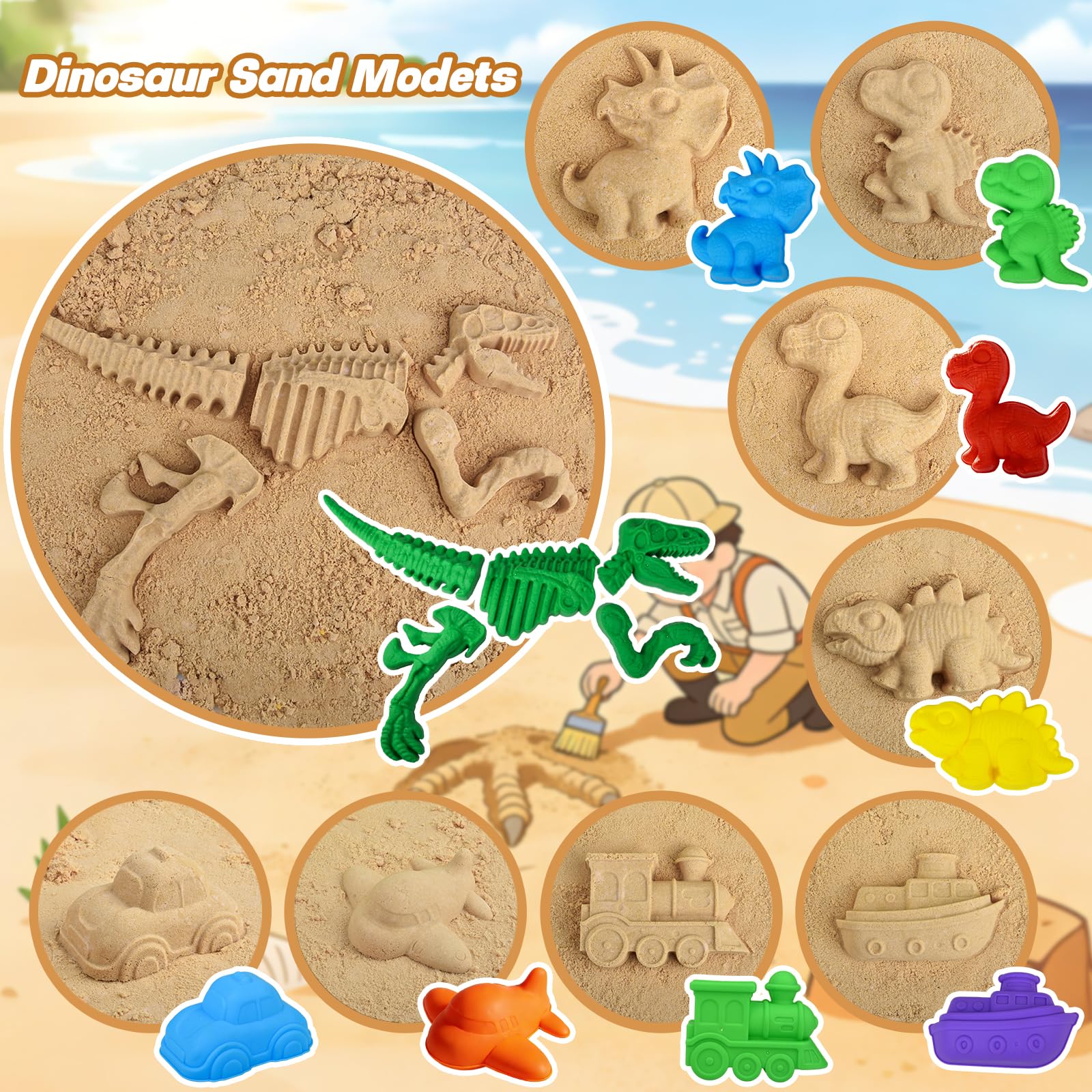 Beach Toys, Sandbox Toys 22Pcs Kids Sand Play Set, Dinosaur Molds with Shovels, Rakes & Collapsible Buckets, Soft Plastic Summer Outdoor Travel Toys for Toddlers Boys & Girls, Ideal - 3