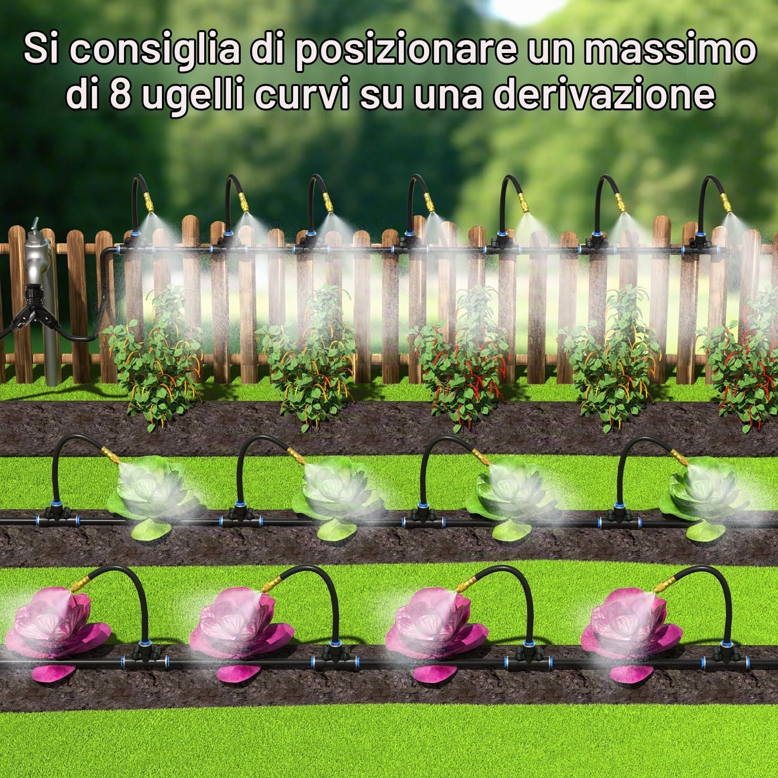 Mixc Sistema di irrigazione a goccia da 30,6 m, kit di irrigazione da giardino con 16 ugelli regolabili in rame, sistema di irrigazione atomizzante automatico per piante da esterno, aiuole rialzate