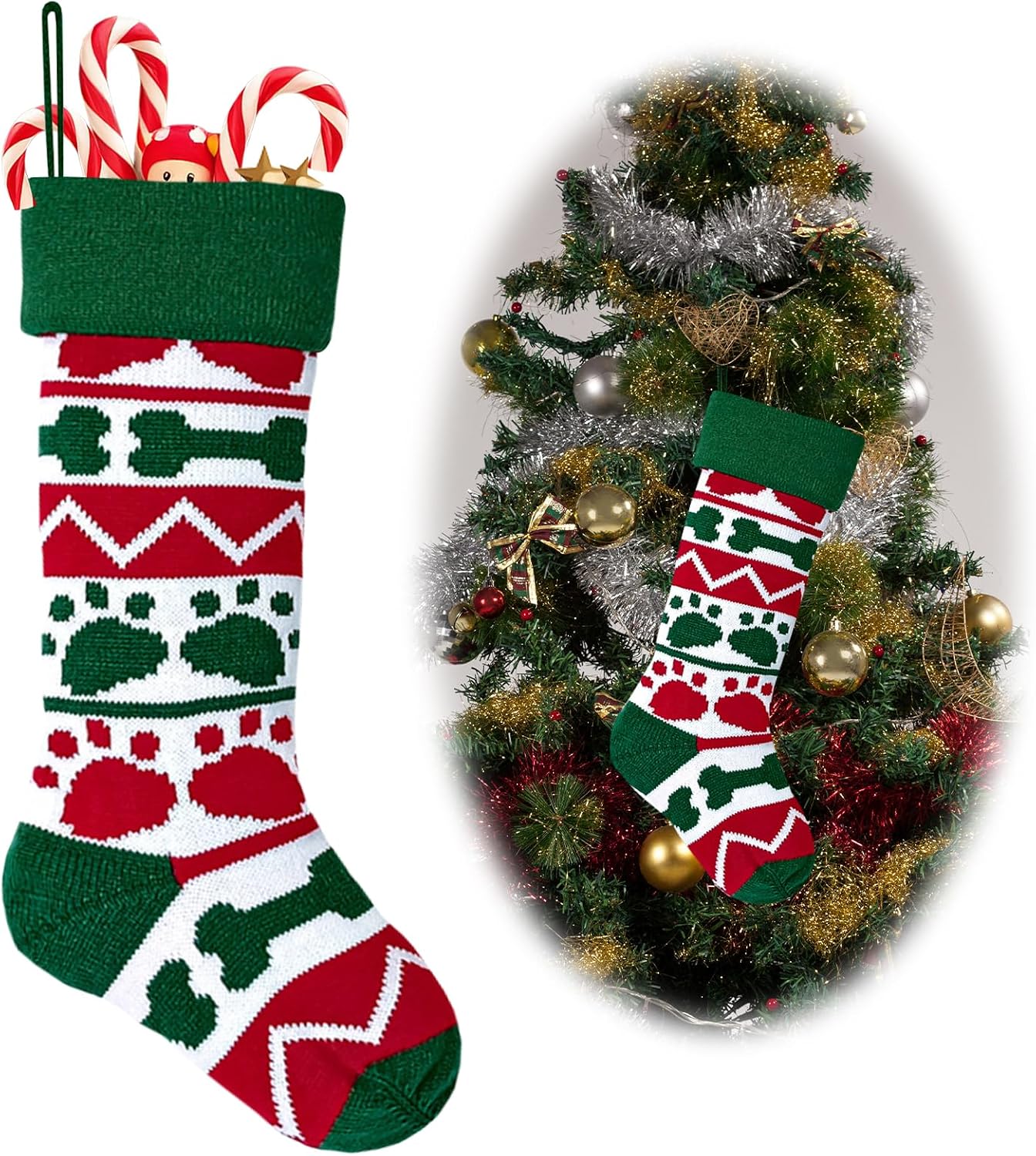 Christmas Stocking Large Xmas Dog's Paw Bone Hanging Stocking Christmas Sock Knitted Cute Dog Fireplace Hanging Stockings for Dog Christmas Party Decoration New Year Party Gift Favors Supplies
