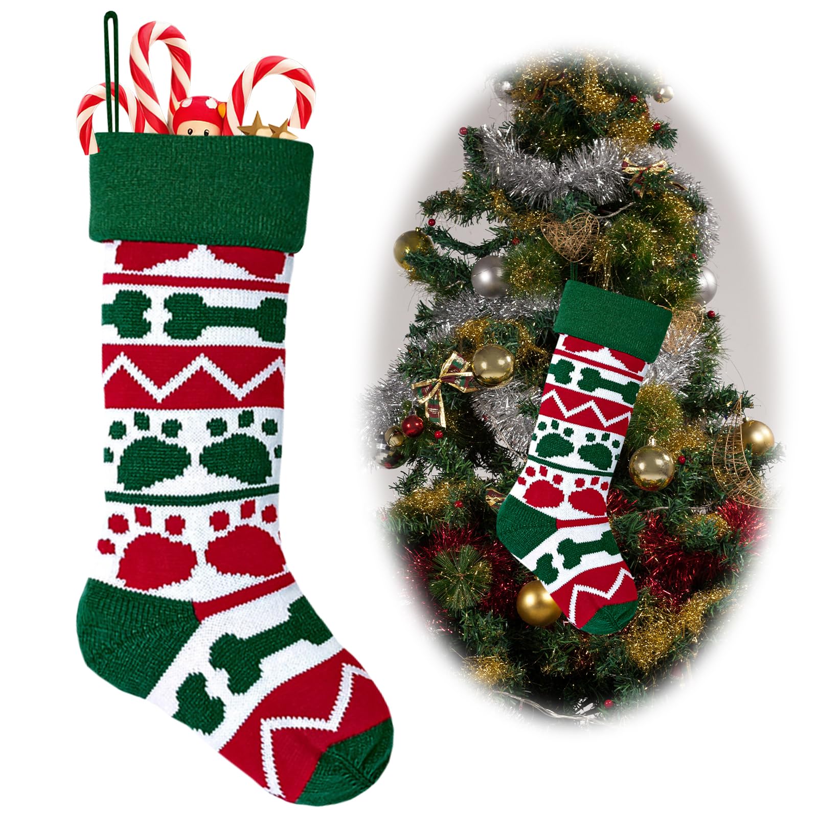 LANGFON Christmas Stocking Large Xmas Dog's Paw Bone Hanging Stocking Christmas Sock Knitted Cute Dog Fireplace Hanging Stockings for Dog Christmas