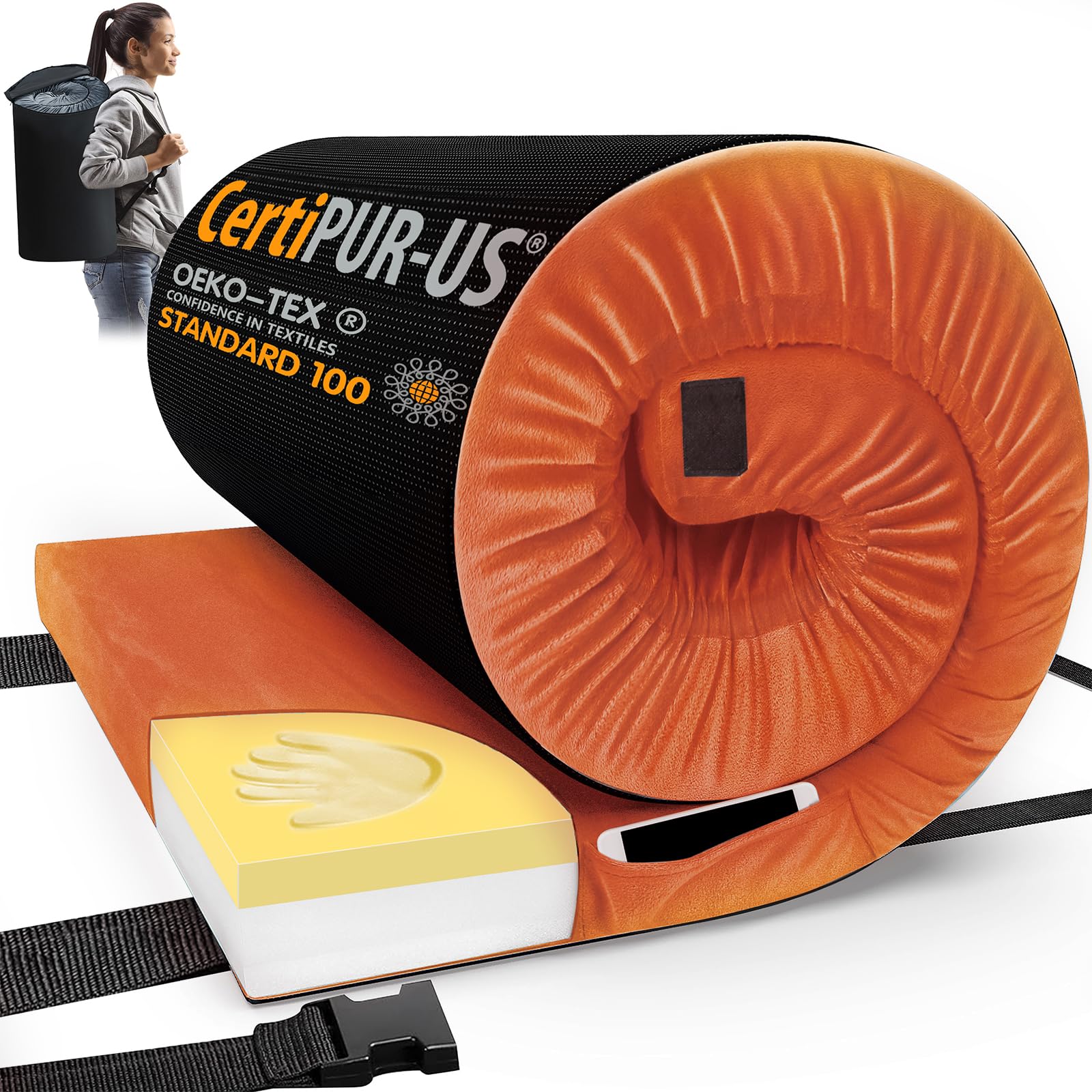 CYMULA Memory Foam Camping Mattress Pad, CertiPUR-US Sleeping Mat, Portable Roll Up Mattress for Adults, Camping Bed Pads for Sleepover, Car Bed with