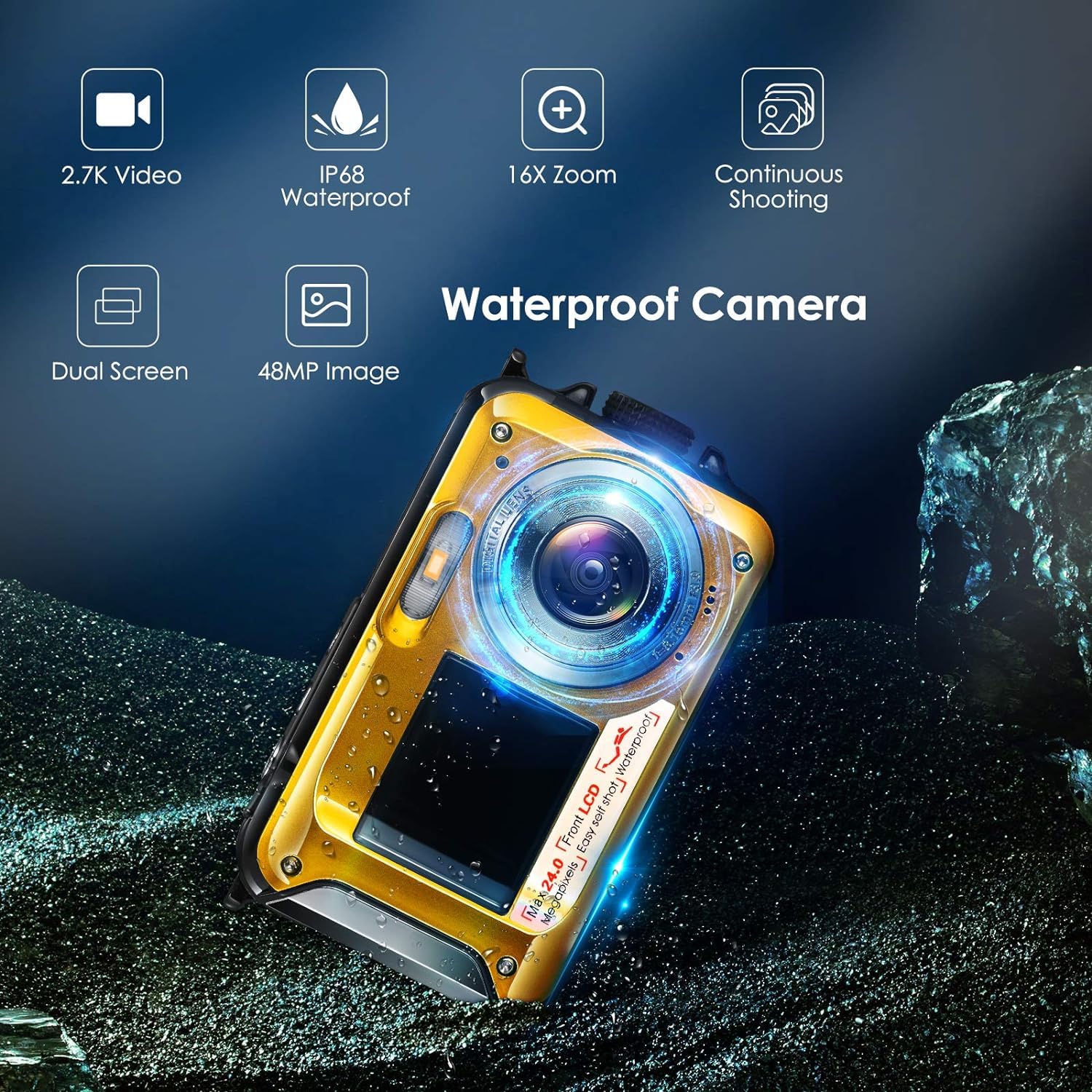 Fotocamera impermeabile digitale Full HD 2,7 K 48 MP Macchina Fotografica Subcquea 16 x Fotocamera Subacquea Impermeabile Macchina con microfono a LED ritardatore per adolescenti