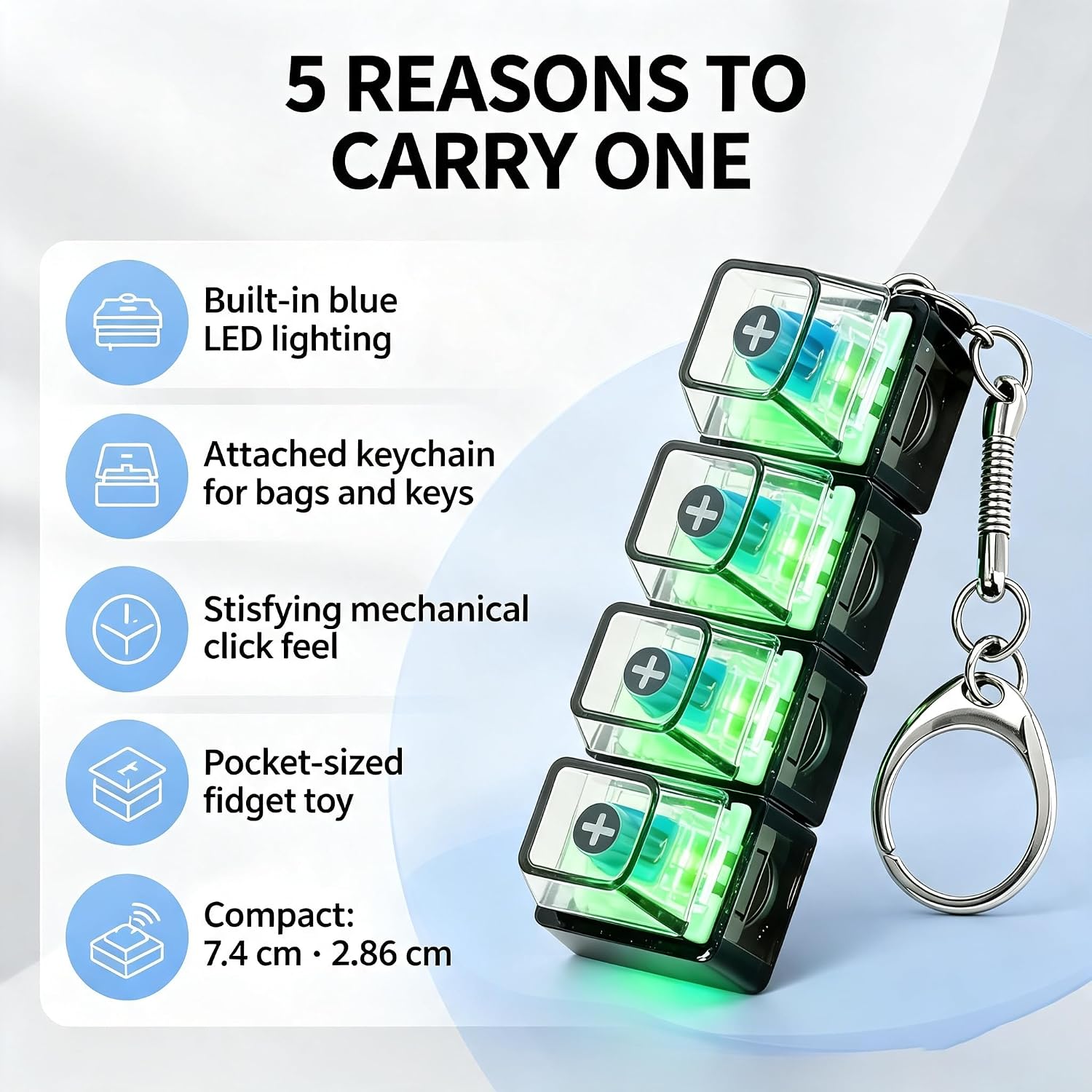 2pcs Keyboard Fidget Keychain, 2 Pack Keyboard Keycap Stress Relief with LED Light – 4-Key Portable Keychain Fidget Toy Transparent Keycap for Adults, Gift for Men Women (Black & White) image 2