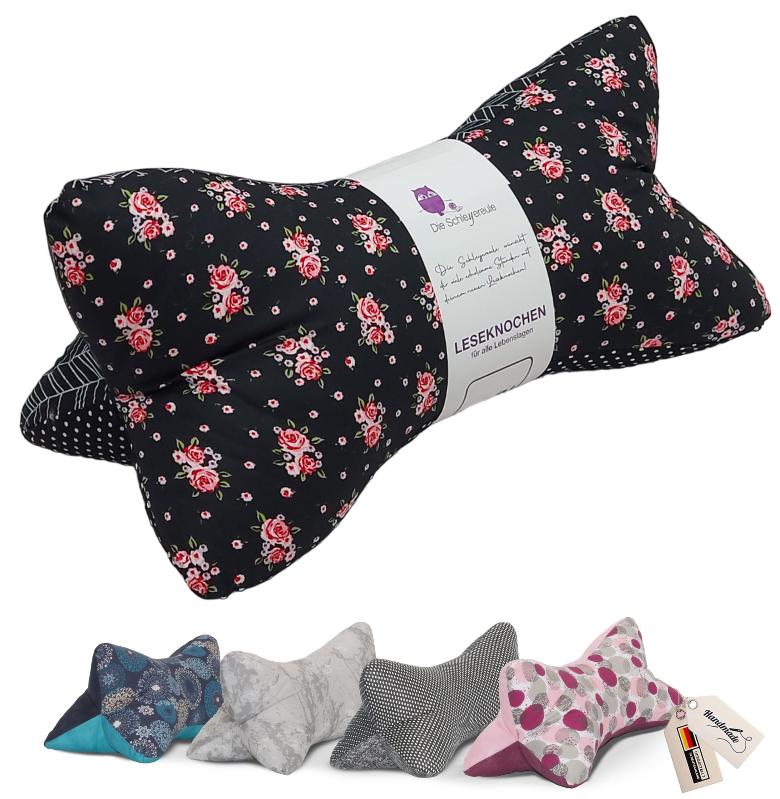 Leseknochen Nackenkissen Blätter bequem und waschbar! Handgestopft und genäht in Deutschland - Nutzbar als Nackenrolle Kissen Nackenrolle (Rosen und Schwarz)