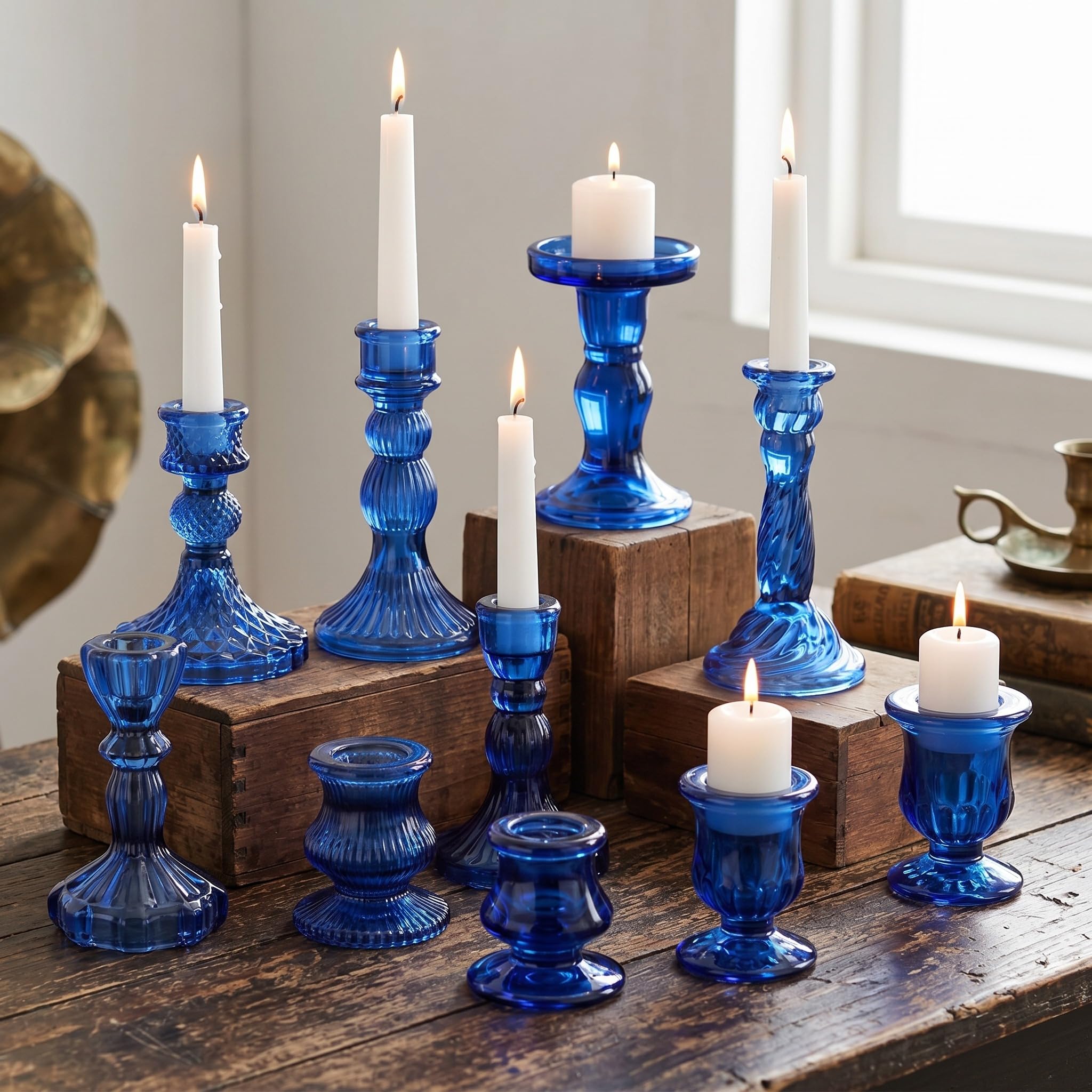Photo 1 of Mumufy 10 Pcs Glass Taper Crystal Candle Holders,Classic,Blue