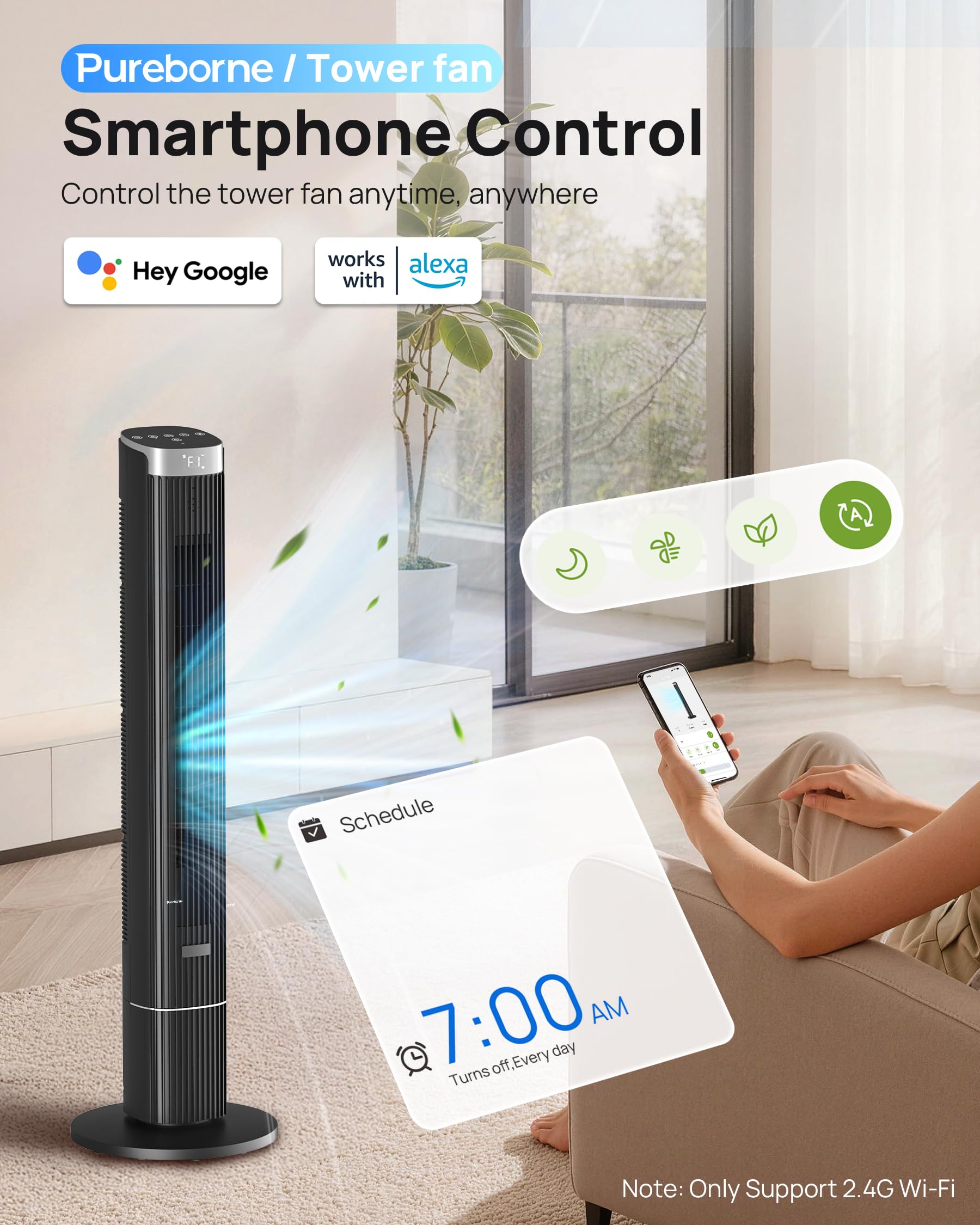 Leiser Ventilator, 25dB Smart Turmventilator, 90° Oszillation Tower Fan, 4 Stufen, 12H Timer Turmventilatoren für Schlafzimmer, 109cm, Schwarz, 1 Pack+ 4 Modi
