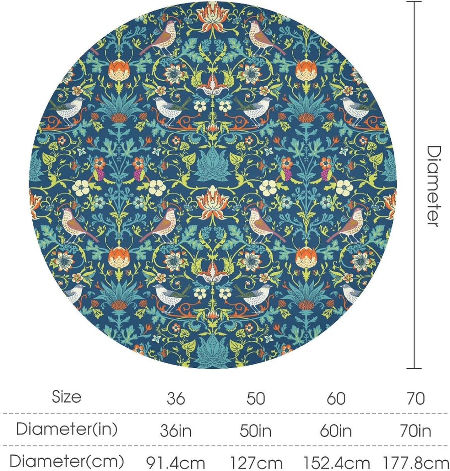 William Morris Tablecloth, Retro Original Design Vintage Bird Flower Print Table Cloth for Home Outdoor Party Dining Room Kitchen Round 60 Inch image 3