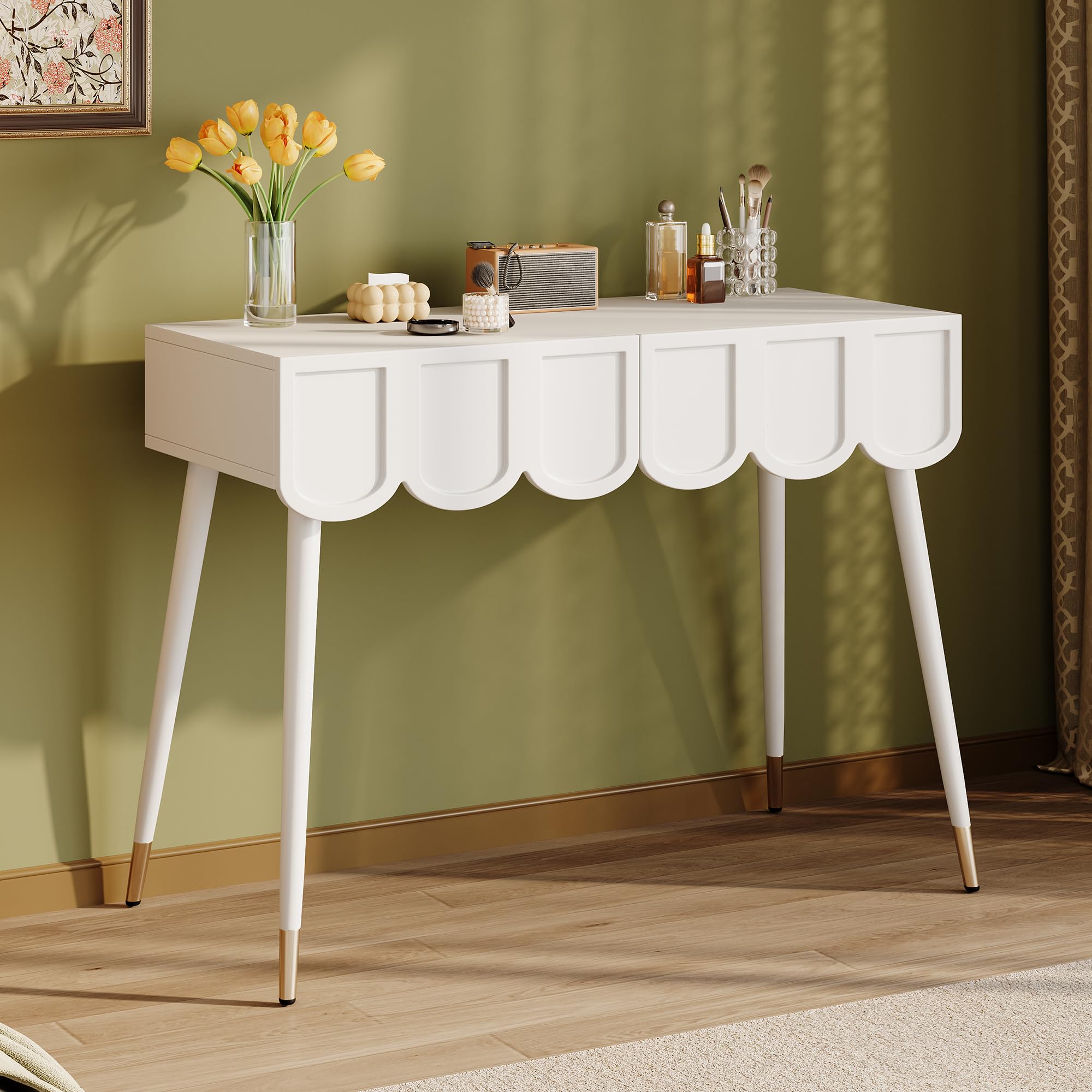 ModernLuxe White Dressing Table with 2 Cloud Shaped Drawers, Modern Vanity Table with Tapered Metal Legs, Makeup Desk and Storage Table for Bedroom, 100x40x76cm