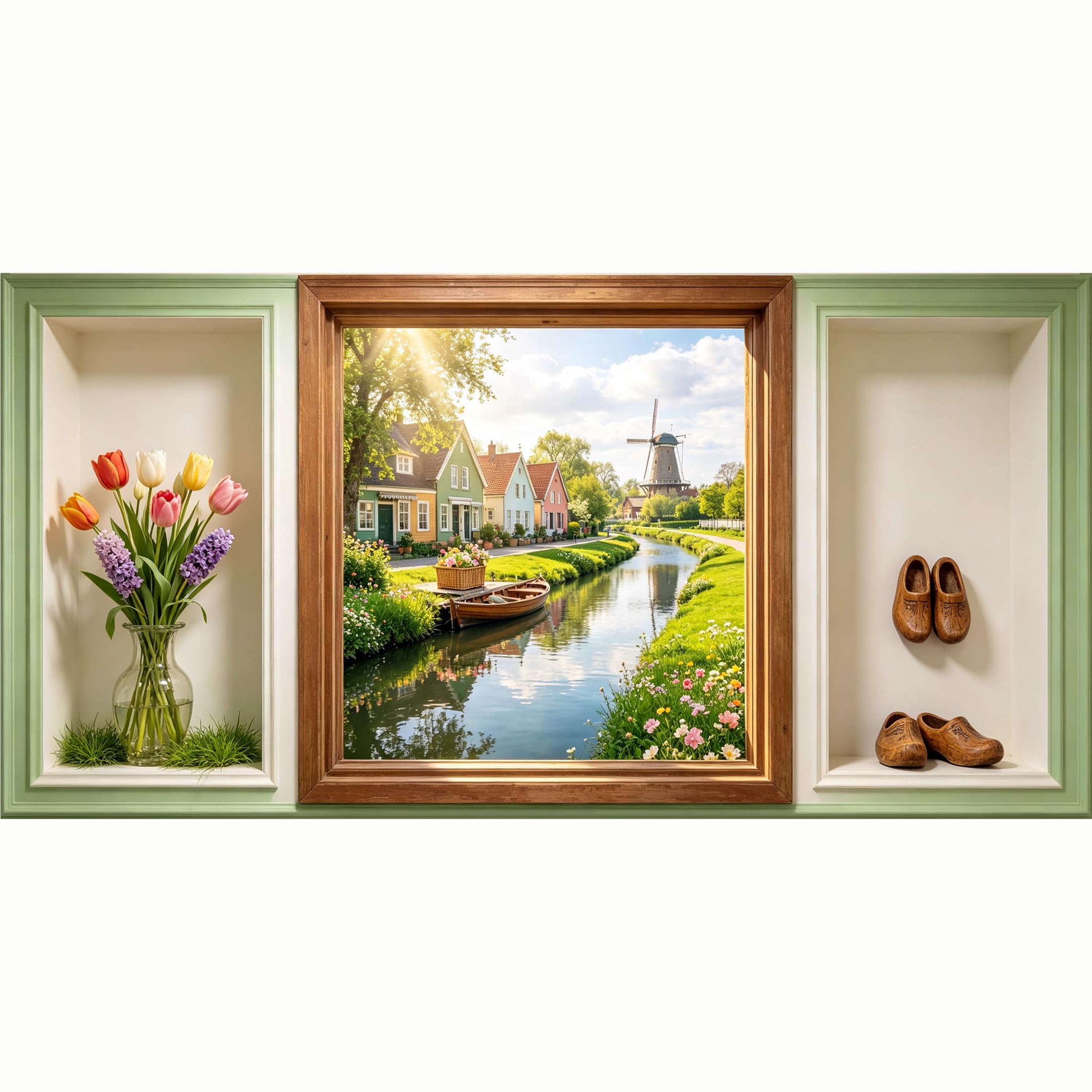 QZLITHOTIC 50x100cm 3D Framed Wall Art， Dutch Countryside Windmill Canal Landscape Floral Still Life Self‑Adhesive Mural， Water‑Activated Peel & Stick Fabric Decor Wall Decal for Bedroom Living Room