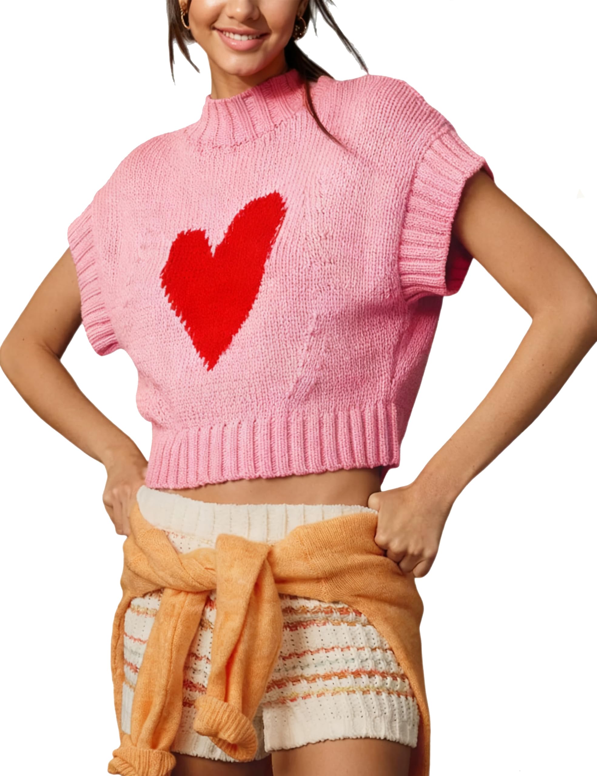 Women Cap Sleeve Sweater Vest Cute Heart Print Mock Neck Sweaters Knitted Pullover Tank Tops-picture-38