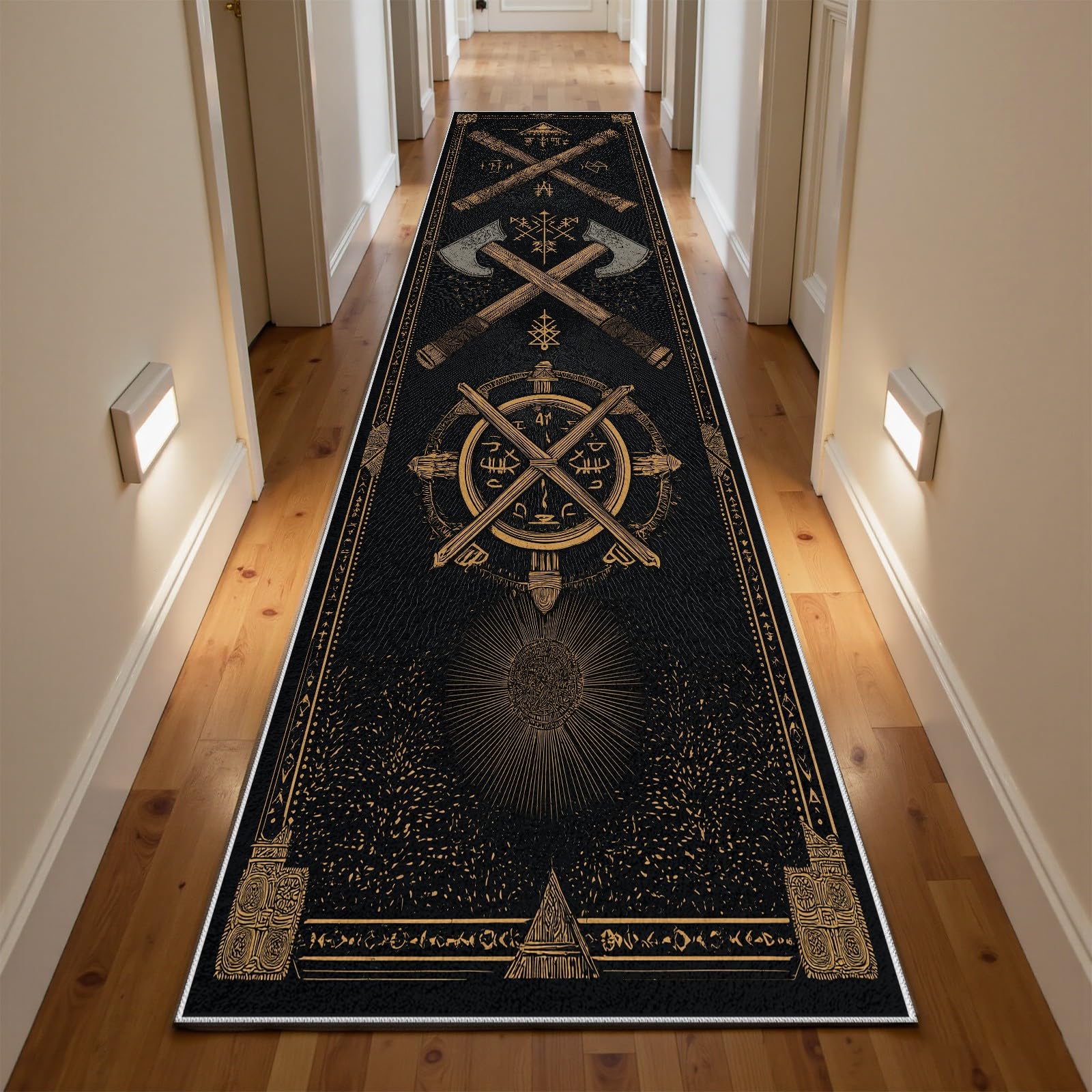Wikinger Axt Teppich Läufer, Wikinger Totem Rune rutschfest Küchenteppich 60x210 cm, Mid Century Kurzflor Küchenläufer Waschbar, Faltbar, Teppichläufer Carpet für Küche, Wohnzimmer