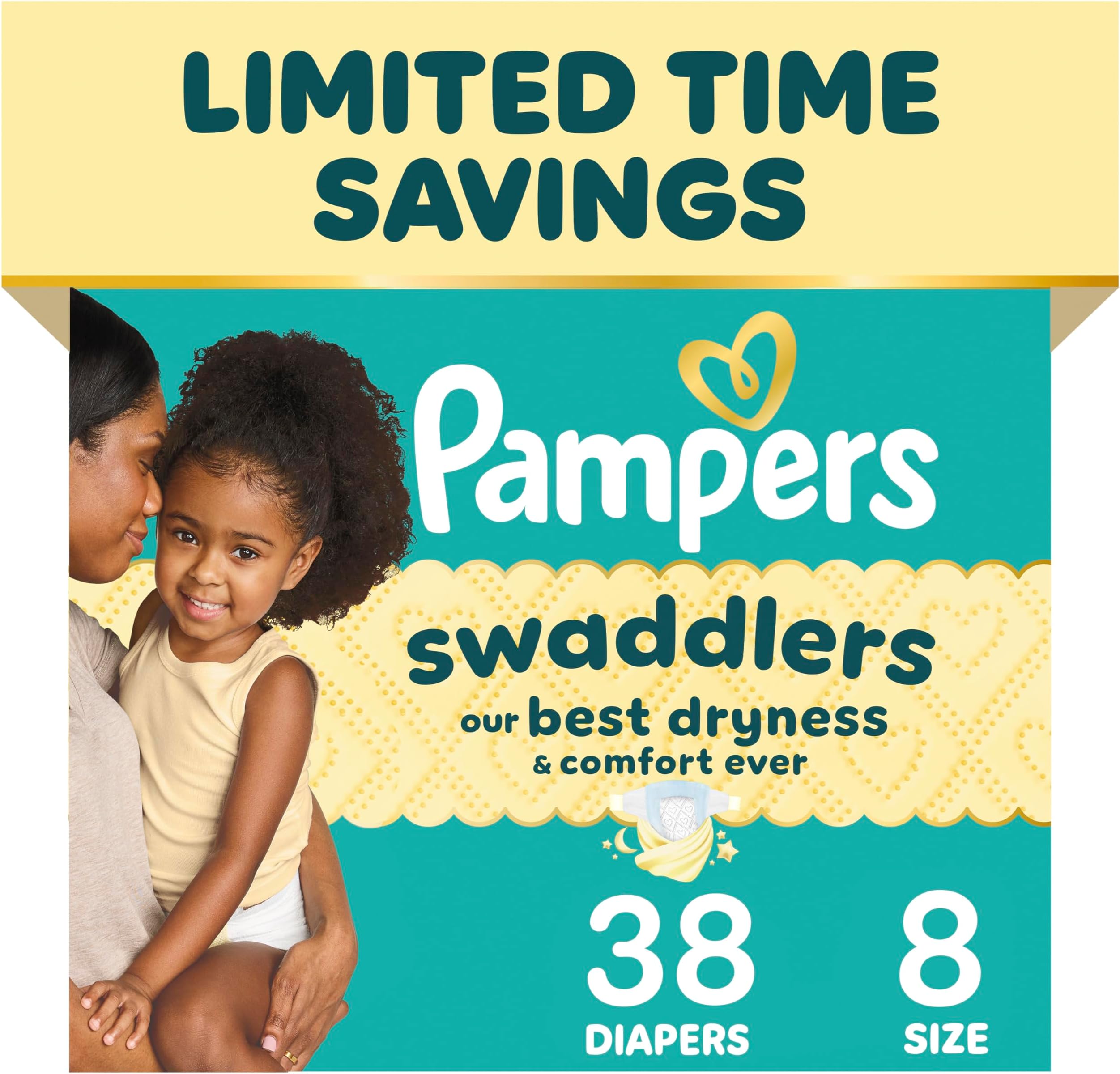 Pampers Swaddlers Diapers, Size 8 (30+ lbs), 38 Count, Absorbent, Keeps Baby Dry and Comfortable, Skin Safe Disposable Baby Diaper (Packaging May Vary)