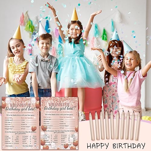 Miniatura 5 de Who Knows The Birthday Girl - Juego de 50 tarjetas de cumpleaños con chispas de oro rosa con 10 lápices prepuntiagudos para adolescentes y niñas,