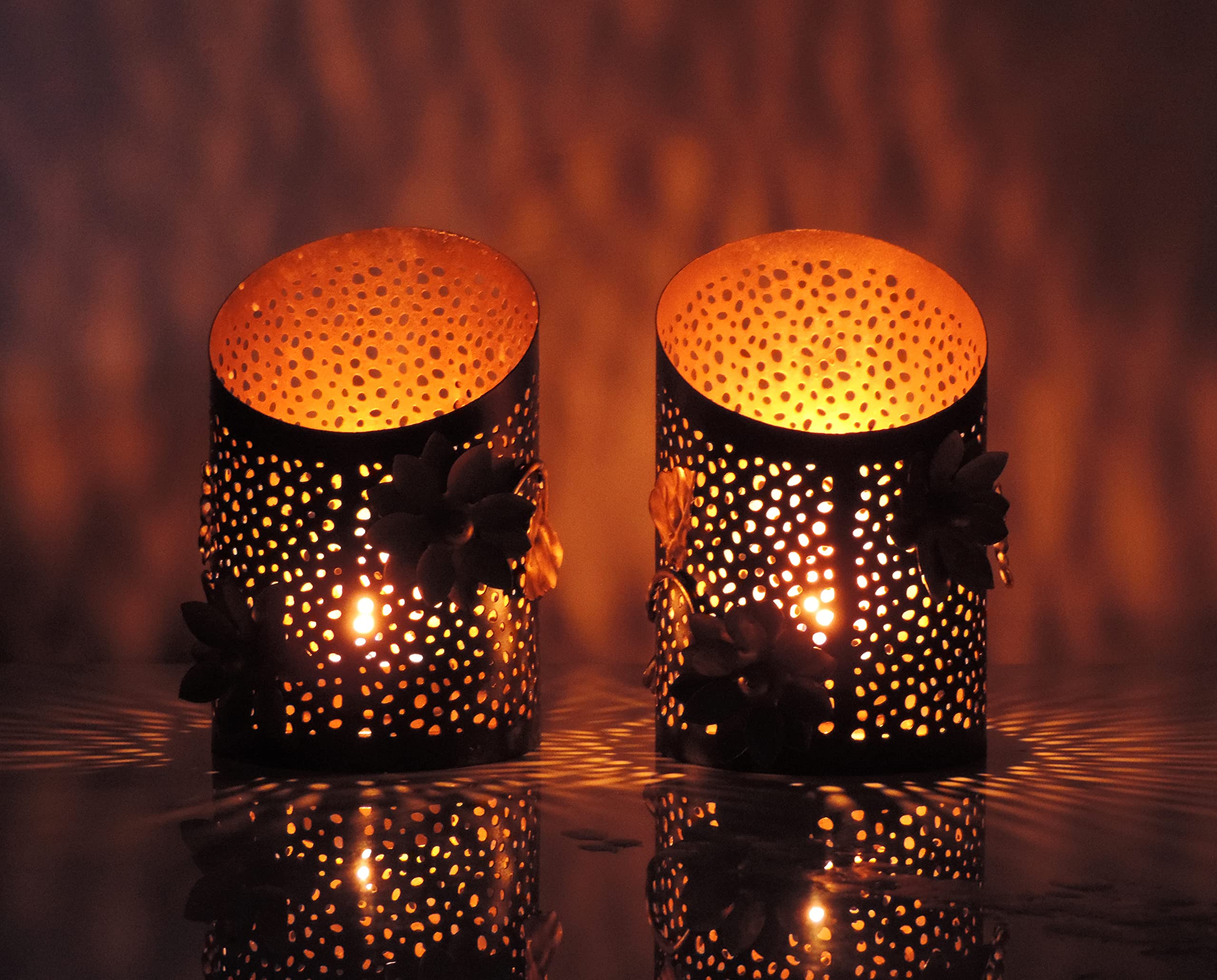 Noor Collection Tea-Light Holder Set of 2 Home Decor Diwali Decoration Black & Gold - 9x14 cm
