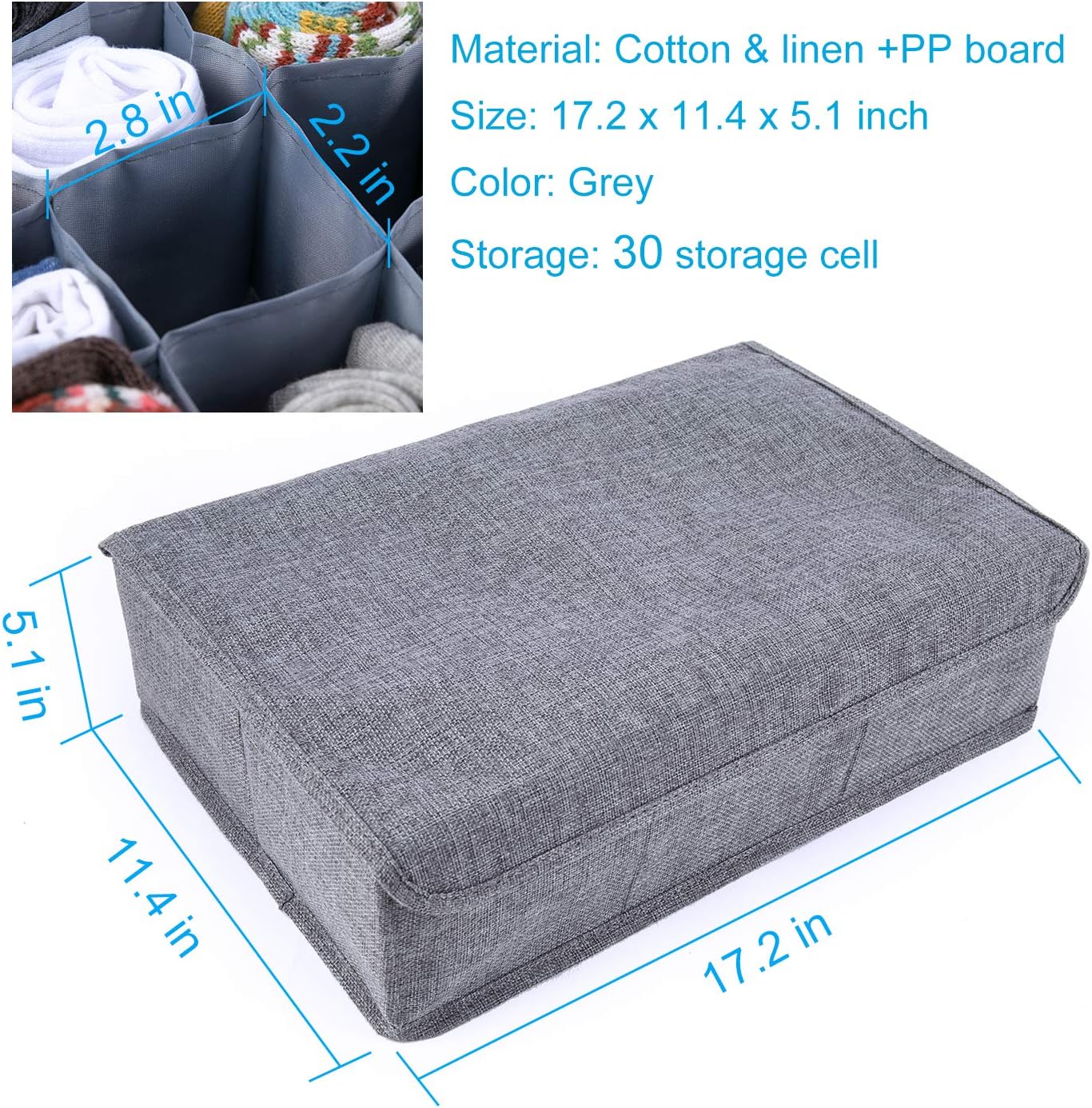 Socks Organizer with Lid, 30 Cell Underwear Drawer Organizer Foldable Closet Storage Box for Ties, Lingeries, Socks - Gray