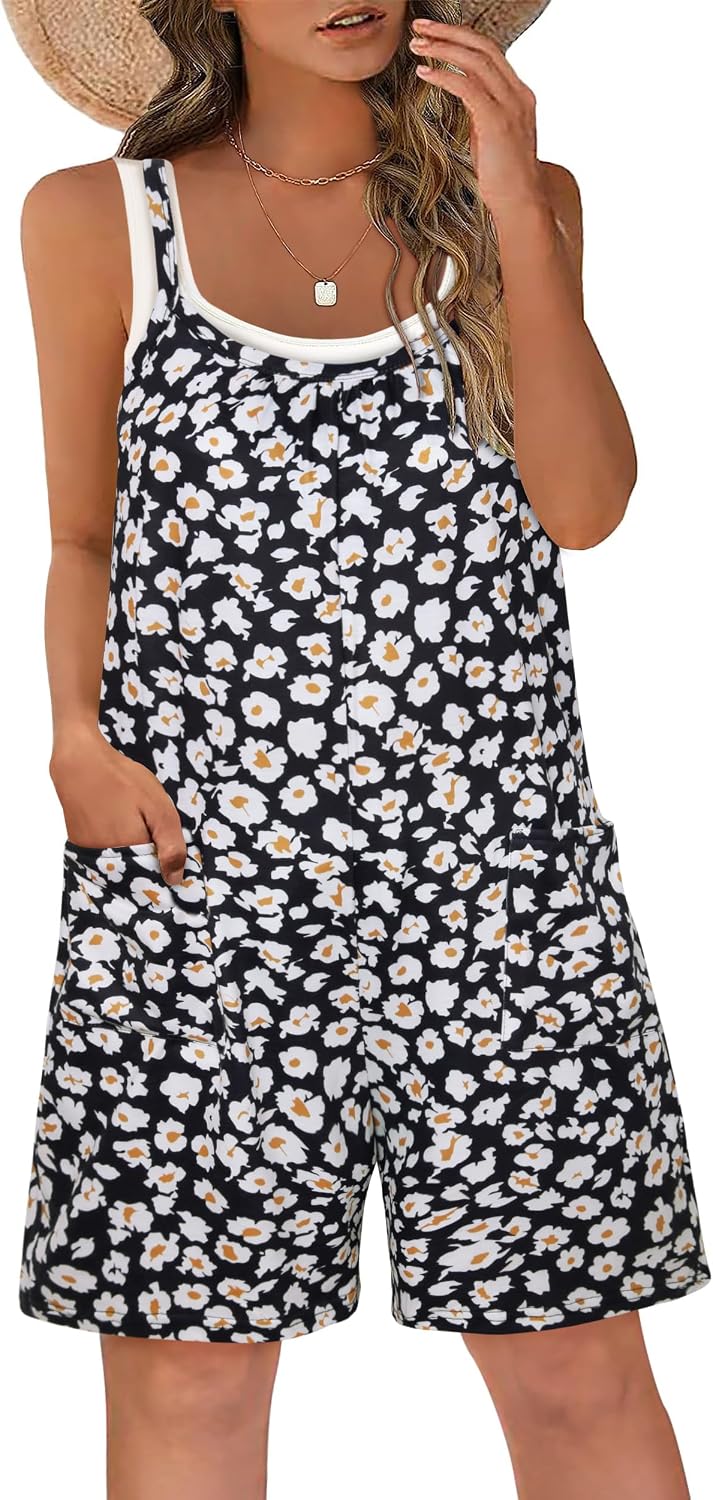 Vigorics Casual Rompers for Women Summer 2026 Sleeveless Adjustable Strap Shorts Jumpsuits Stretchy Romper with Pockets
