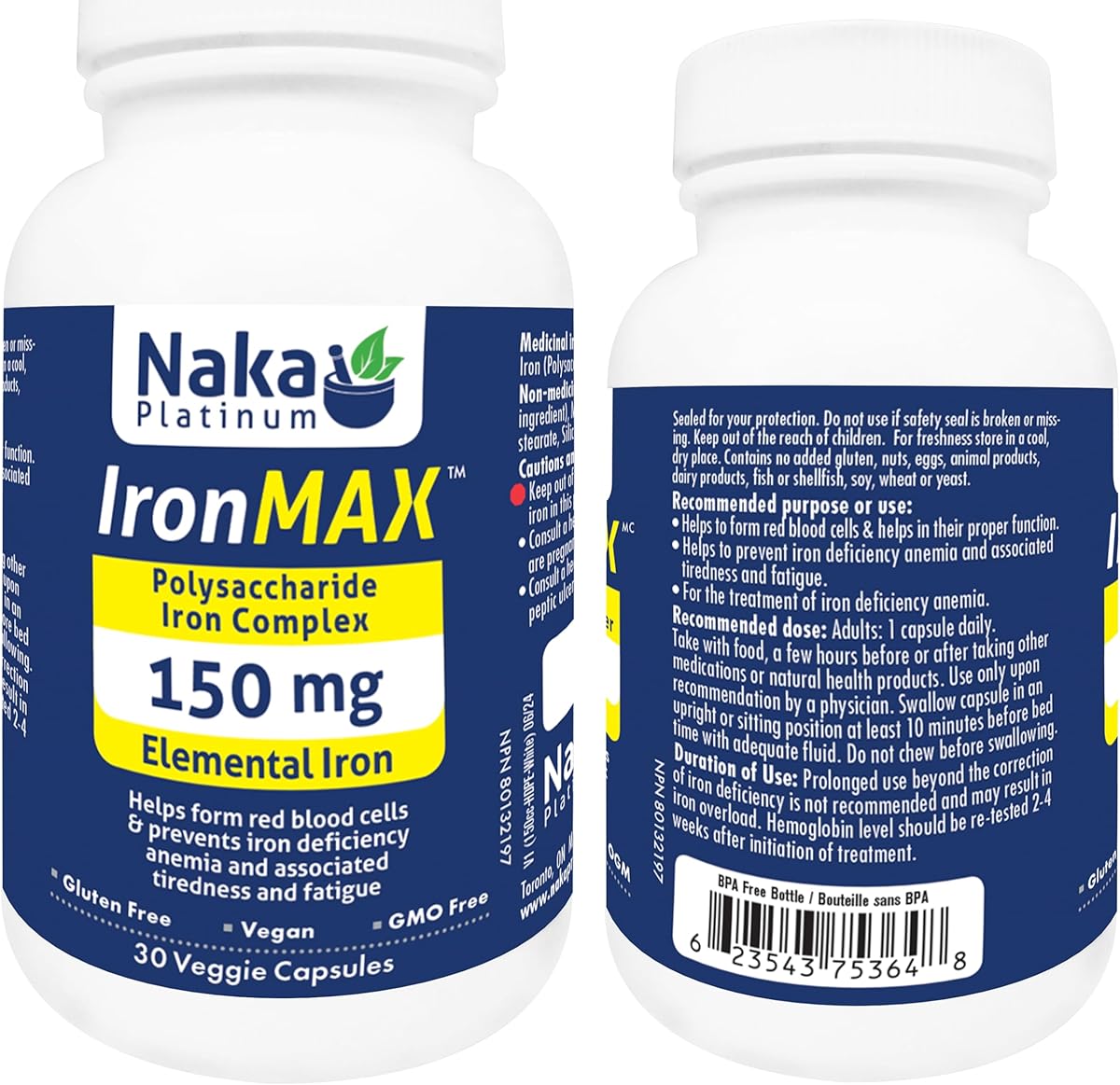 NAKA Naka Platinum IronMAX, Polysaccharide Iron Complex, 150mg Elemental Iron, Made in Canada (30 vcaps)
