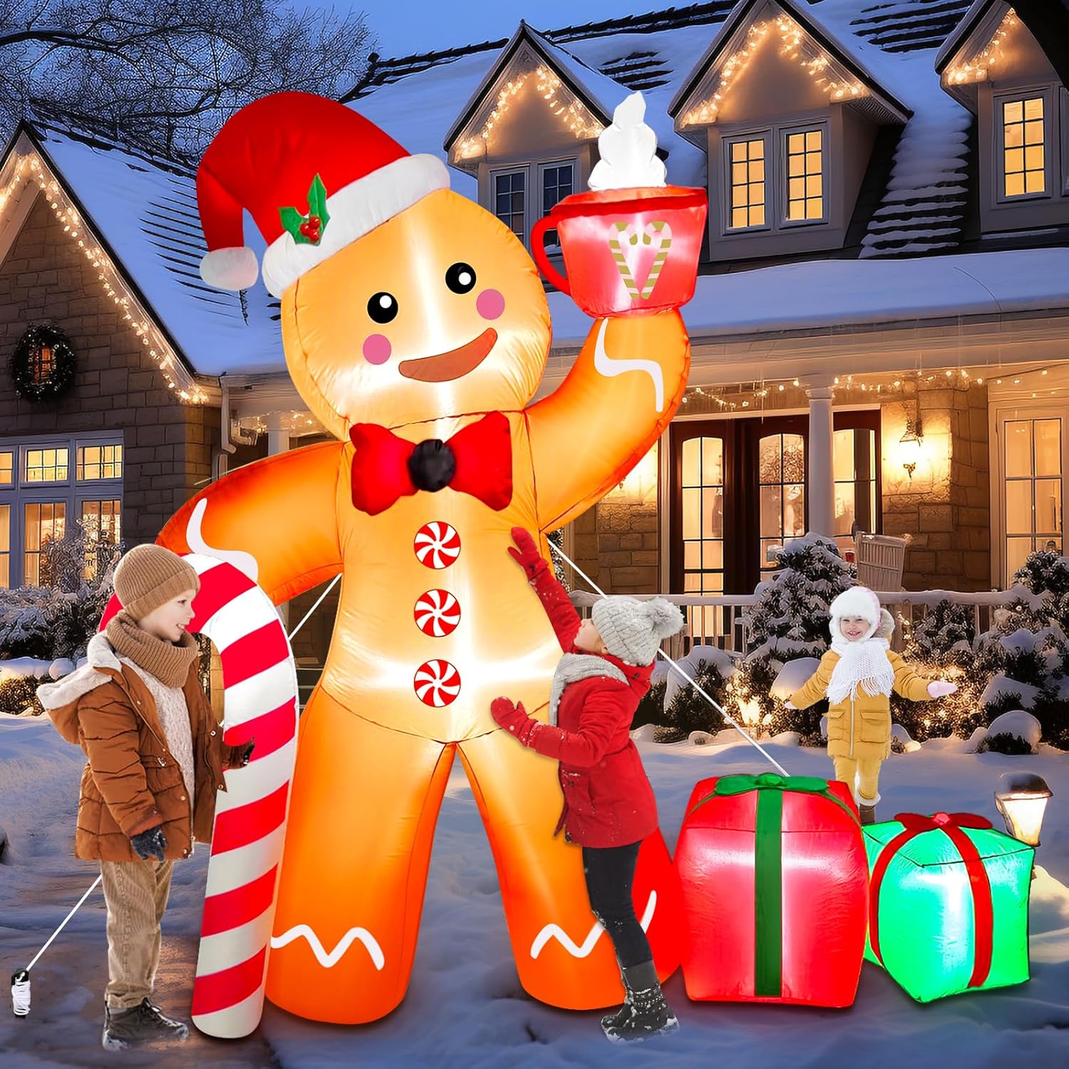 8 FT Christmas Gingerbread Inflatables Outdoor Decorations with LED Lights, Christmas Cute Gingerbread Man with Gift ＆ Hot Cocoa Blow Up Yard Decorations for Outdoor Garden