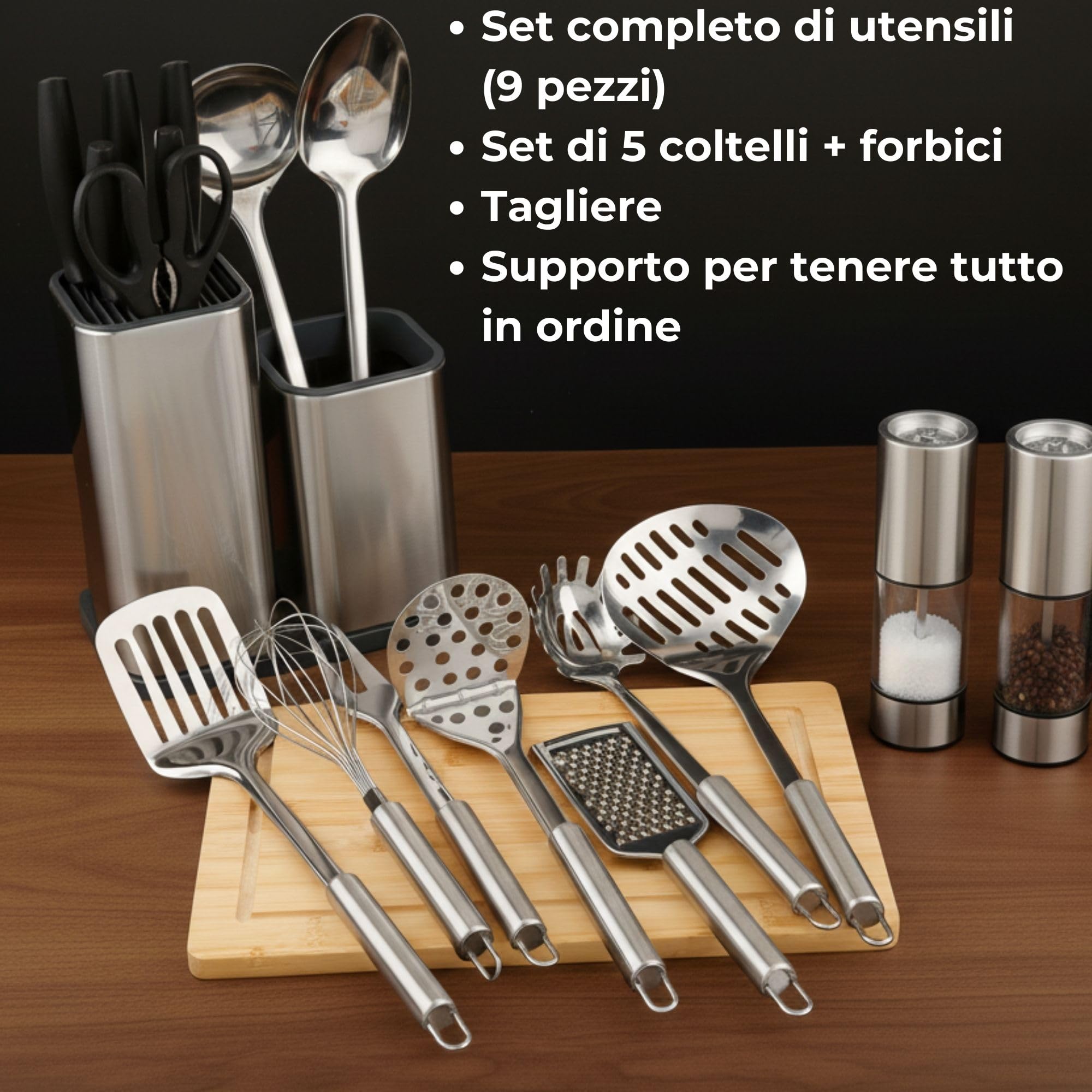 Set Utensili Cucina completo in acciaio inox da 17 Pezzi con set coltelli da cucina professionali, tagliere da cucina professionale, porta coltelli cucina e accessori cucina. Il Tuo Kit Cucina Ideale