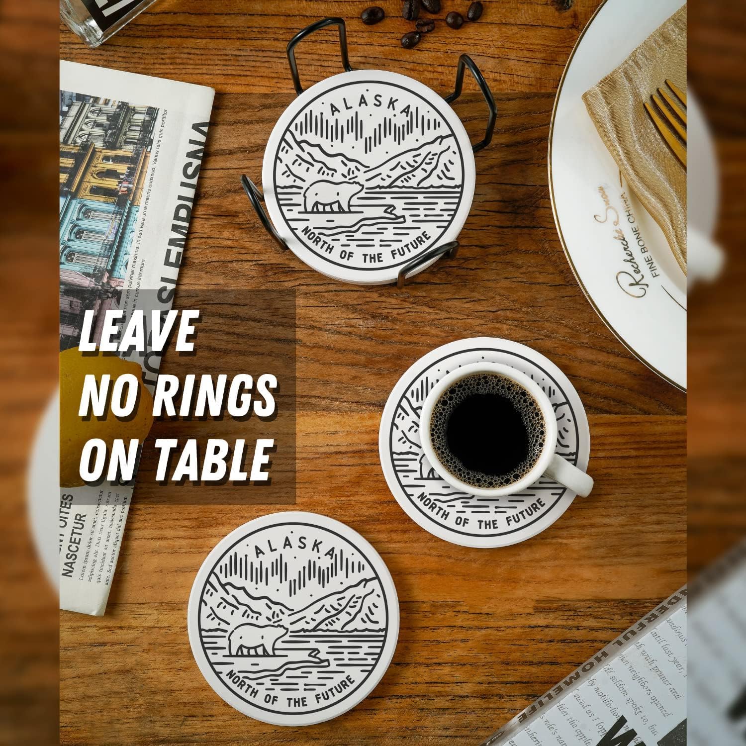 Onebttl Alaska Gifts Coasters Set of 6 with Holder - Ceramic Absorbent Drink Coaster - Housewarming Moving Away Home Decor