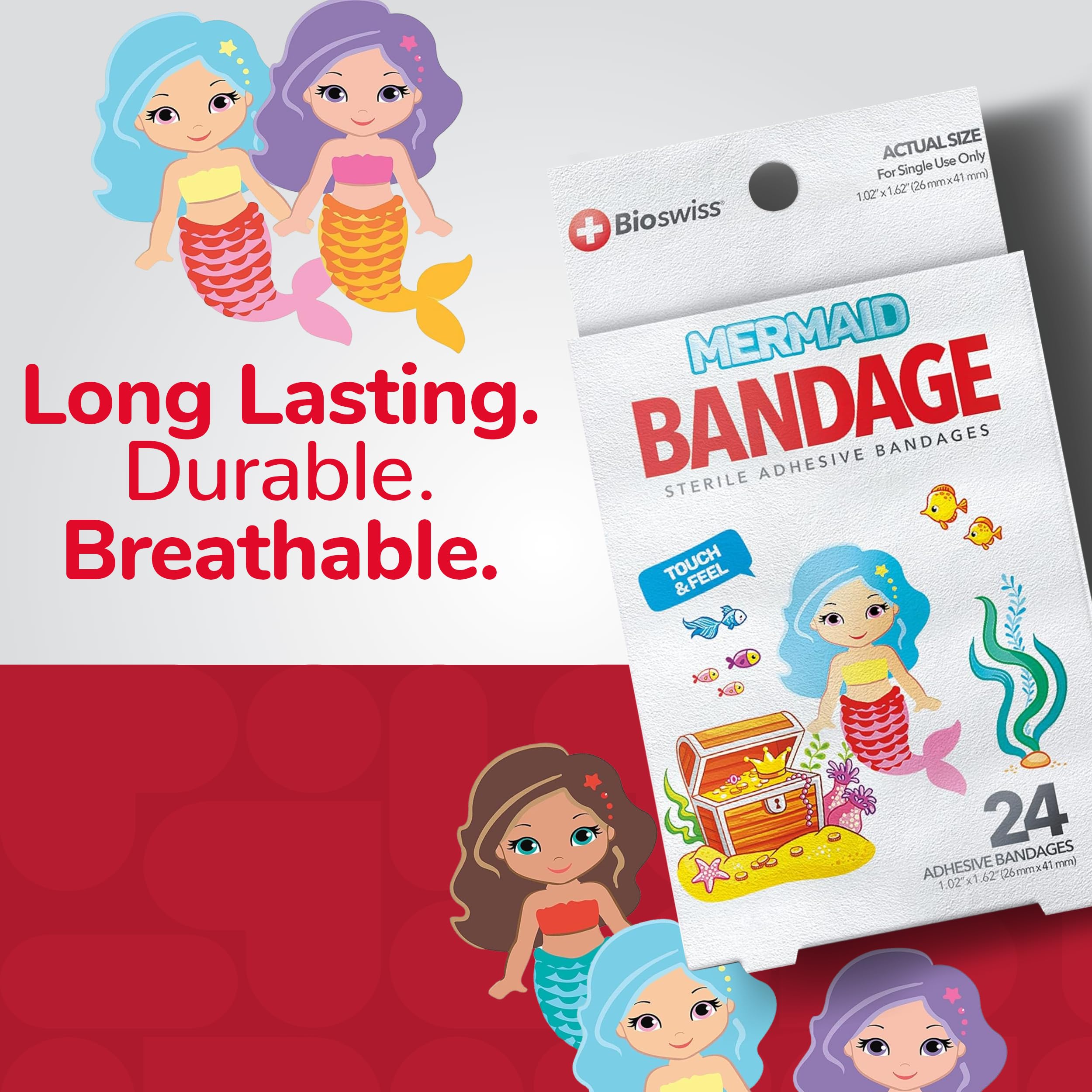 BioSwiss Bandaids für Kinder, 24 sterile selbstklebende Bandagen in einzigartiger Form, bunt, lustig, niedlich, für Mädchen und Jungen, Erste Hilfe für Erwachsene, schützt Kratzer und