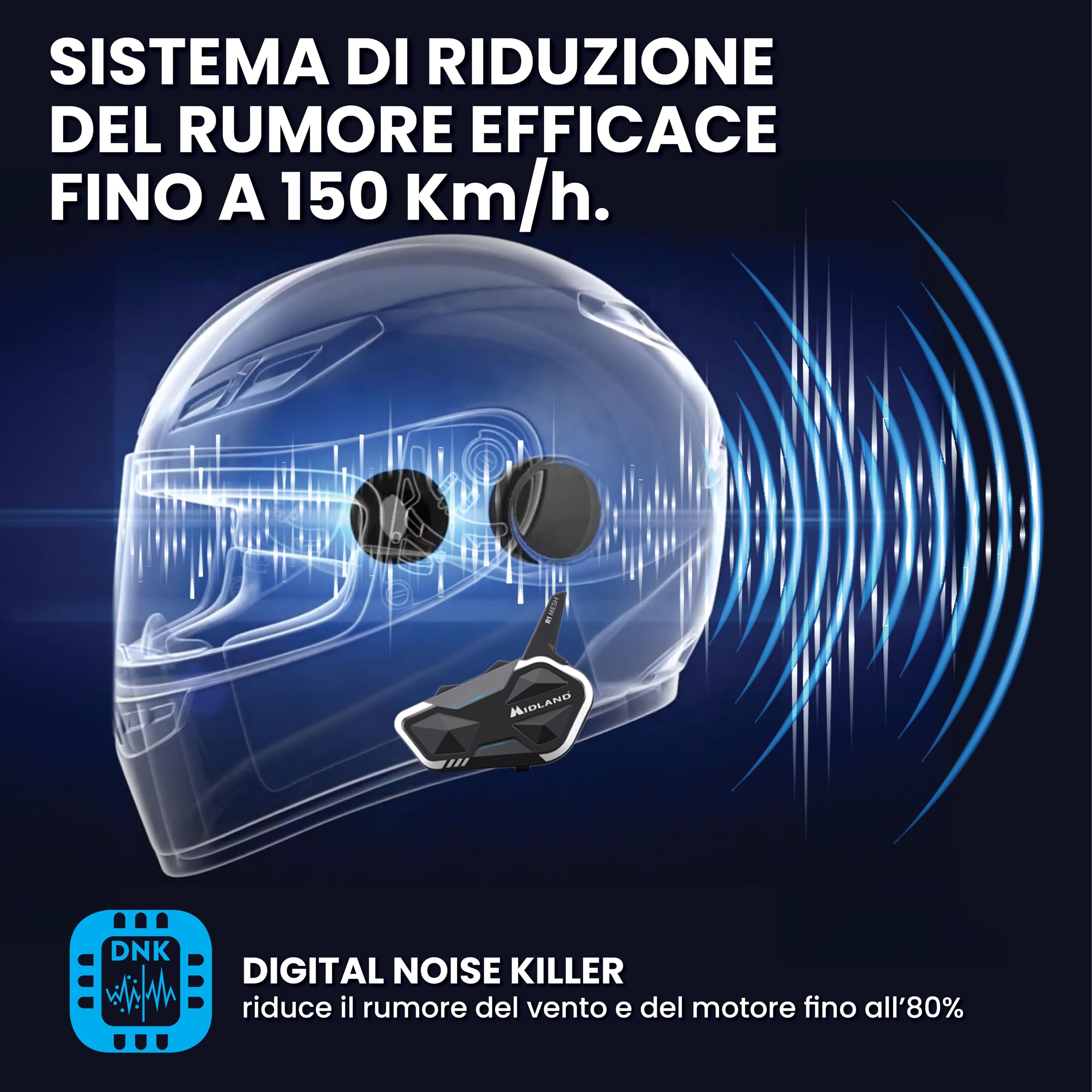 Midland - Interfono Moto Bluetooth + Mesh R1 Mesh Singolo, Auricolari Casco Moto Waterproof IPX6, Portata 500m, 23H, Audio RCF, Stereo Background, Compatibile TFT e Radio FM, 6 Persone Conference