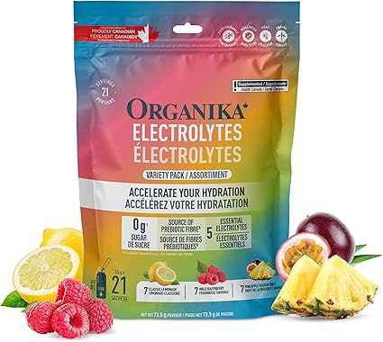 Organika Canadian-Made Electrolytes Powder - Variety Pack Sachets (Raspberry/Lemonade/Pineapple) On-the-Go Sugar-Free Hydration and Electrolyte Replenishment with Prebiotics and Vitamin C, 3.5g x 21ct