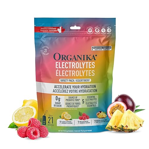 Organika Canadian-Made Electrolytes Powder - Variety Pack Sachets (Raspberry/Lemonade/Pineapple) On-the-Go Sugar-Free Hydration and Electrolyte Replenishment with Prebiotics and Vitamin C, 3.5g x 21ct - Variety Pack - 3.5g x 21