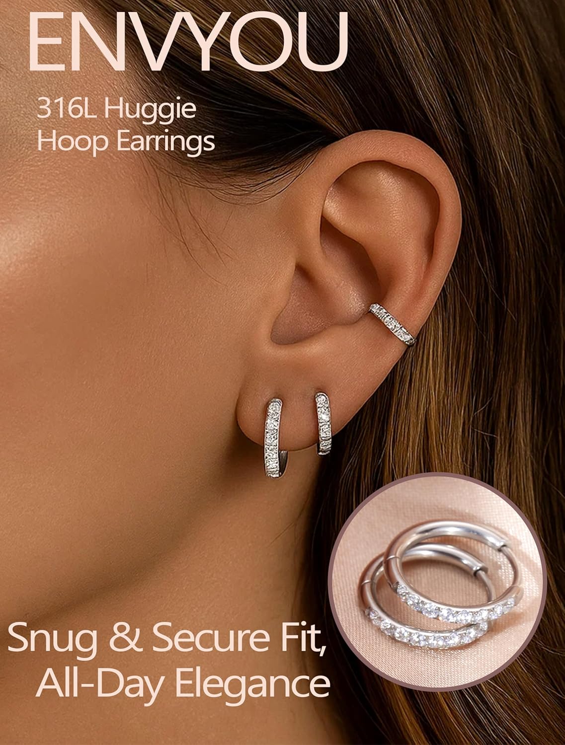 316L Surgical Steel Huggie Hoop Earrings,Dainty Pave Cubic Zirconia Cartilage Tiny Earring for Sensitive Ears Hypoallergenic Lightweight for Women Men - Image 2