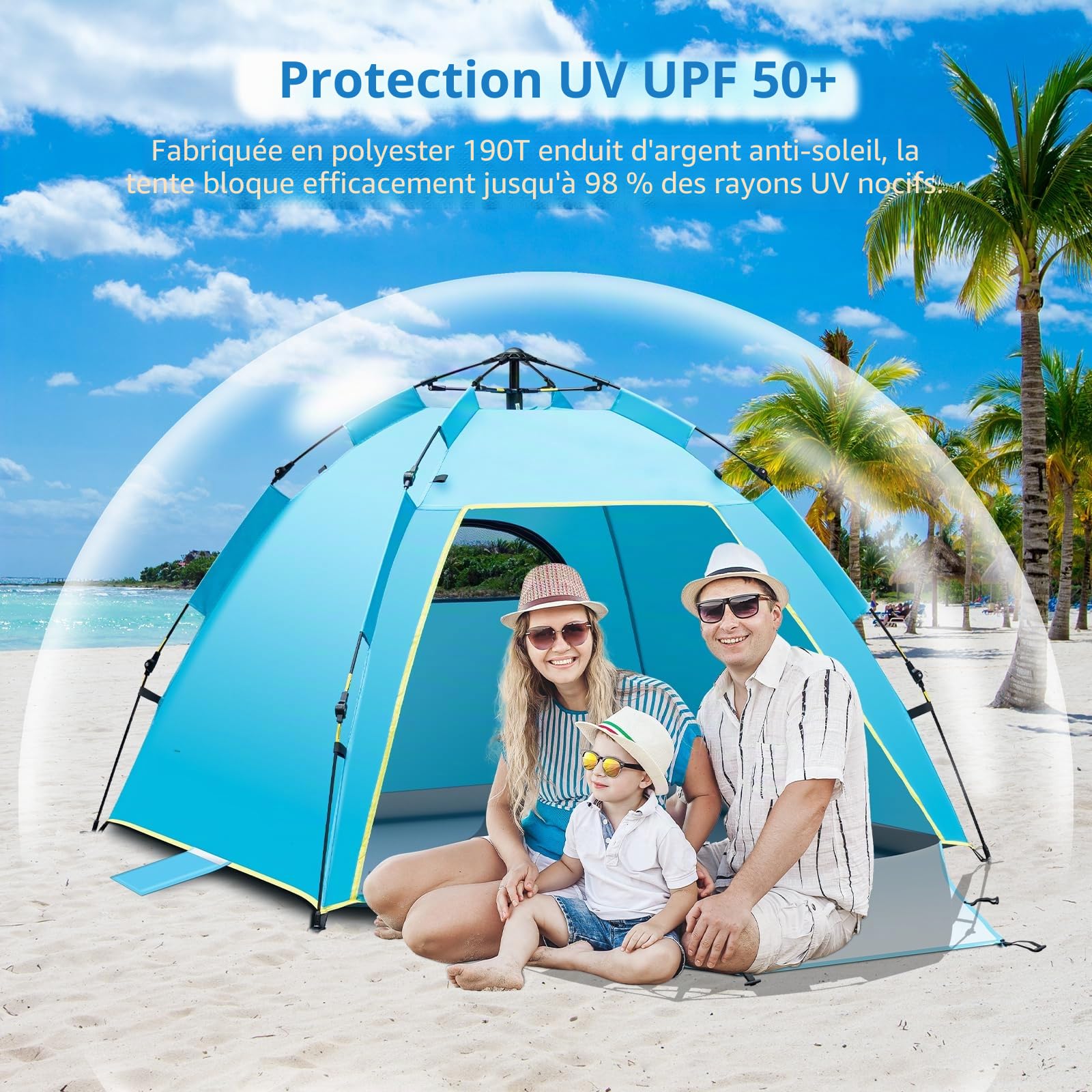 Cflity Tente de Plage Pop Up, 1-3 Personnes Automatique Instantanée UV 50 + Tente de Parasol Surdimensionné, Tente de Plage Extérieure Portable Légère avec Double Porte, Convient pour Le Jardin
