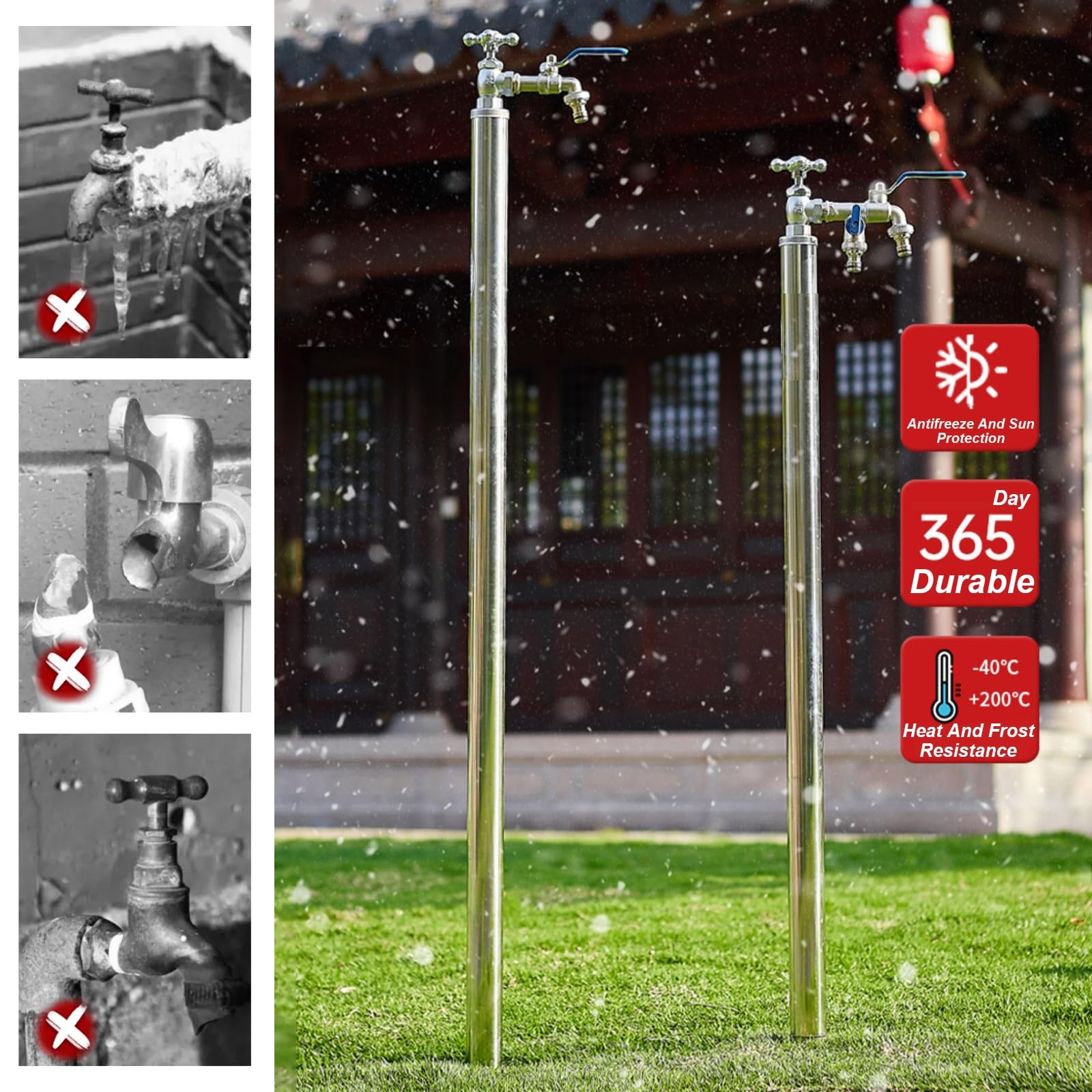 Grifo de jardín al aire libre de acero inoxidable de 47 pulgadas, anticongelante, a prueba de heladas, columna de agua para protección contra el invierno, ideal para jardines y patios
