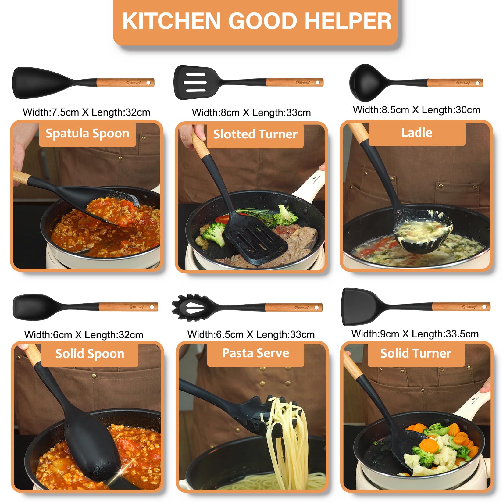 Silikon-Kochutensilien-Set, 6 Stück, großes Küchenutensilien-Set mit Holzgriff, hitzebeständiges Silikon-Utensilien-Spatel-Set für antihaftbeschichtetes Kochgeschirr, Spatel, Pfannenwender, Löffel