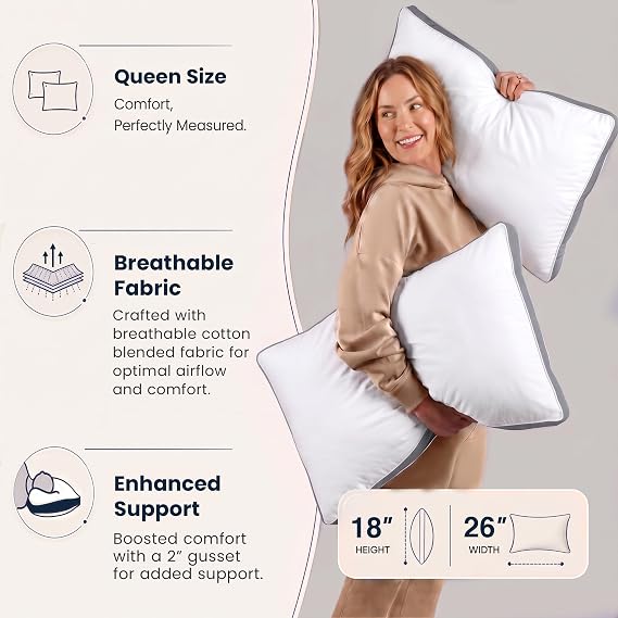Utopia Bedding Gusseted Pillow (2-Pack) Premium Quality Bed Pillows - Side Back Sleepers - Grey Gusset - Queen - 18 x 26 Inches (UB760-2)