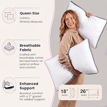 Utopia Bedding Gusseted Pillow (2-Pack) Premium Quality Bed Pillows - Side Back Sleepers - Grey Gusset - Queen - 18 x 26 Inches (UB760-2)