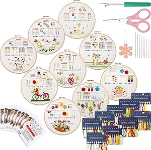 Sherr Embroidery Kit For Beginners - 9 Pattern Set With Hoop, Thread & Tools