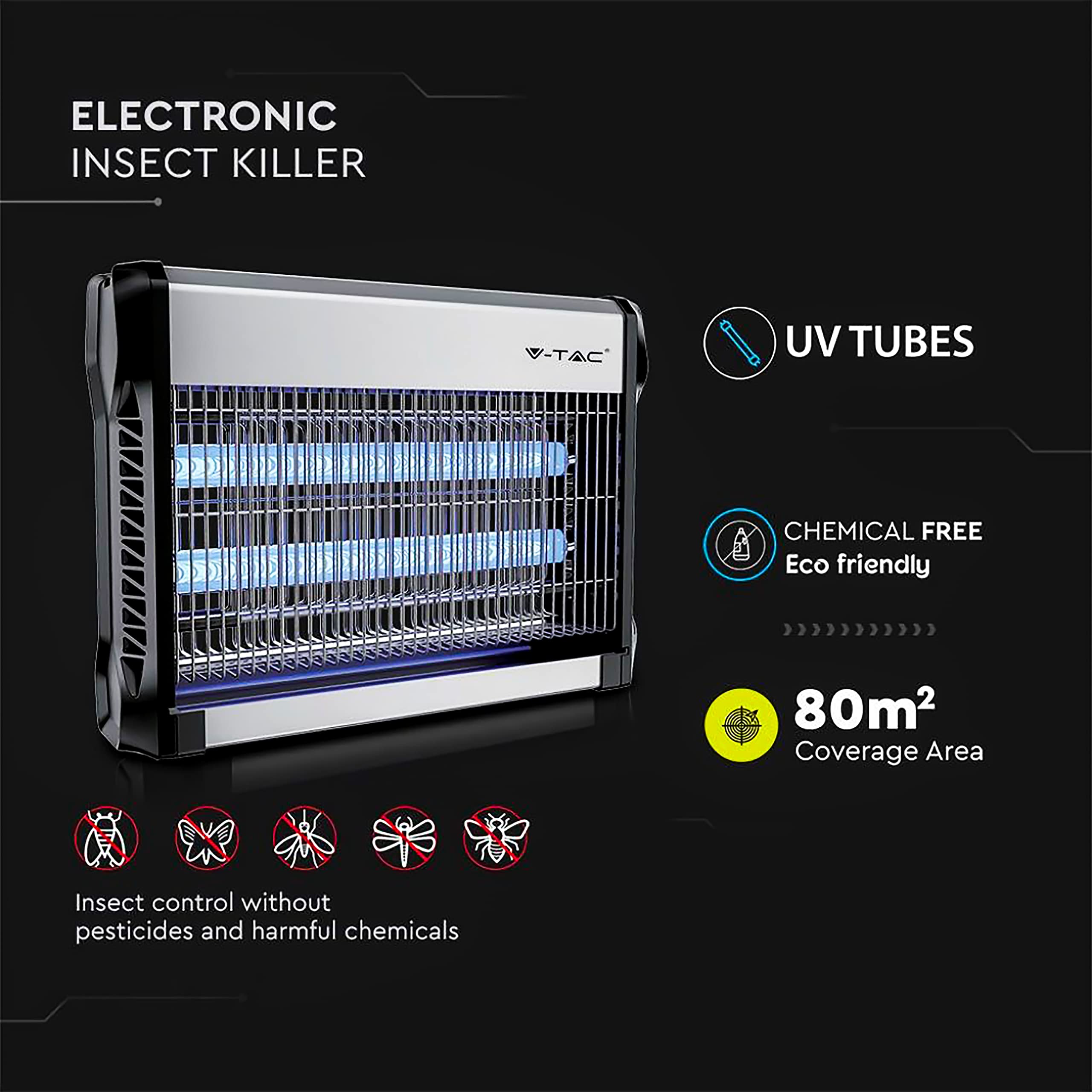 V-TAC Elektrische insectenbescherming, 30 W, met werkingsbereik van 100 m², slank design, vliegengaas met blauw uv-licht voor binnen en buiten, elektrische val tegen muggen en insecten, vermogen 30 W
