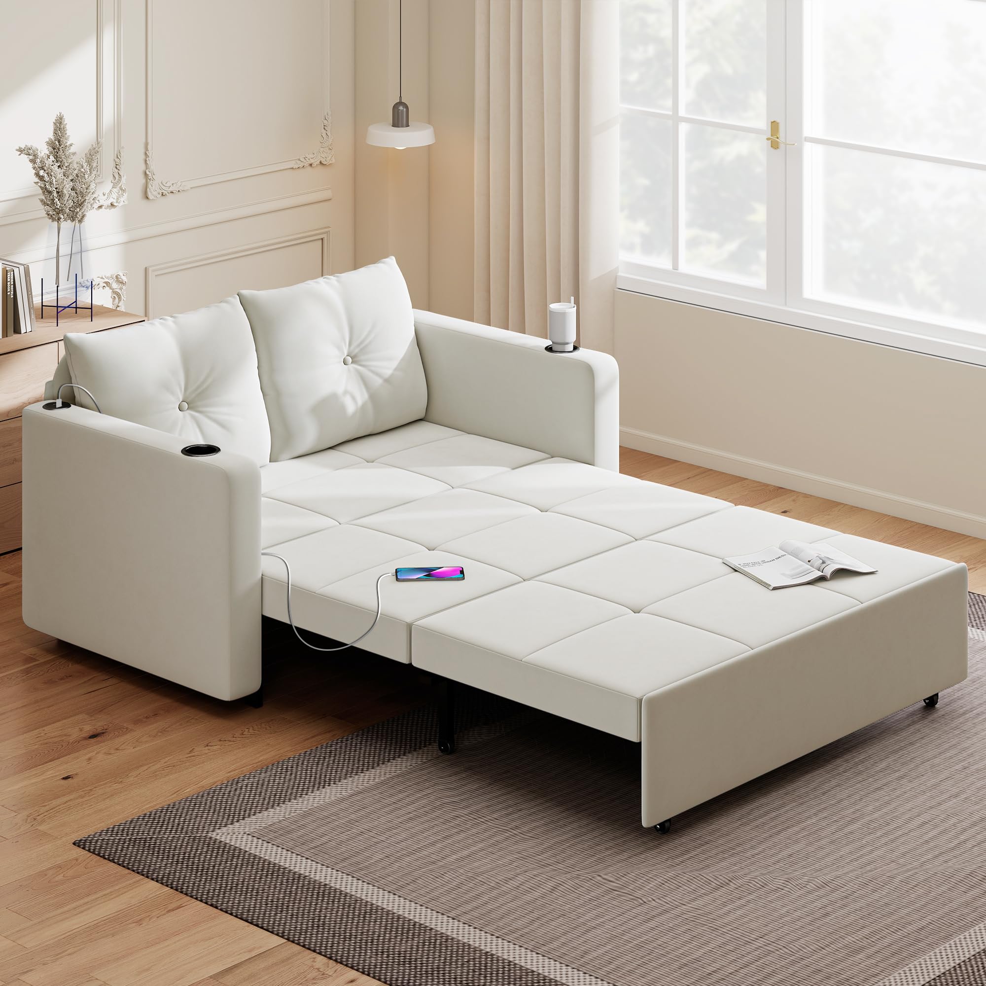 Krcix 3 in 1 Sofa Bed, 56 Inch Velvet Pull Out Couch, Convertible Sleeper Sofa with Cup Holders, USB, Loveseat Sofa Couches for Living Room, Small