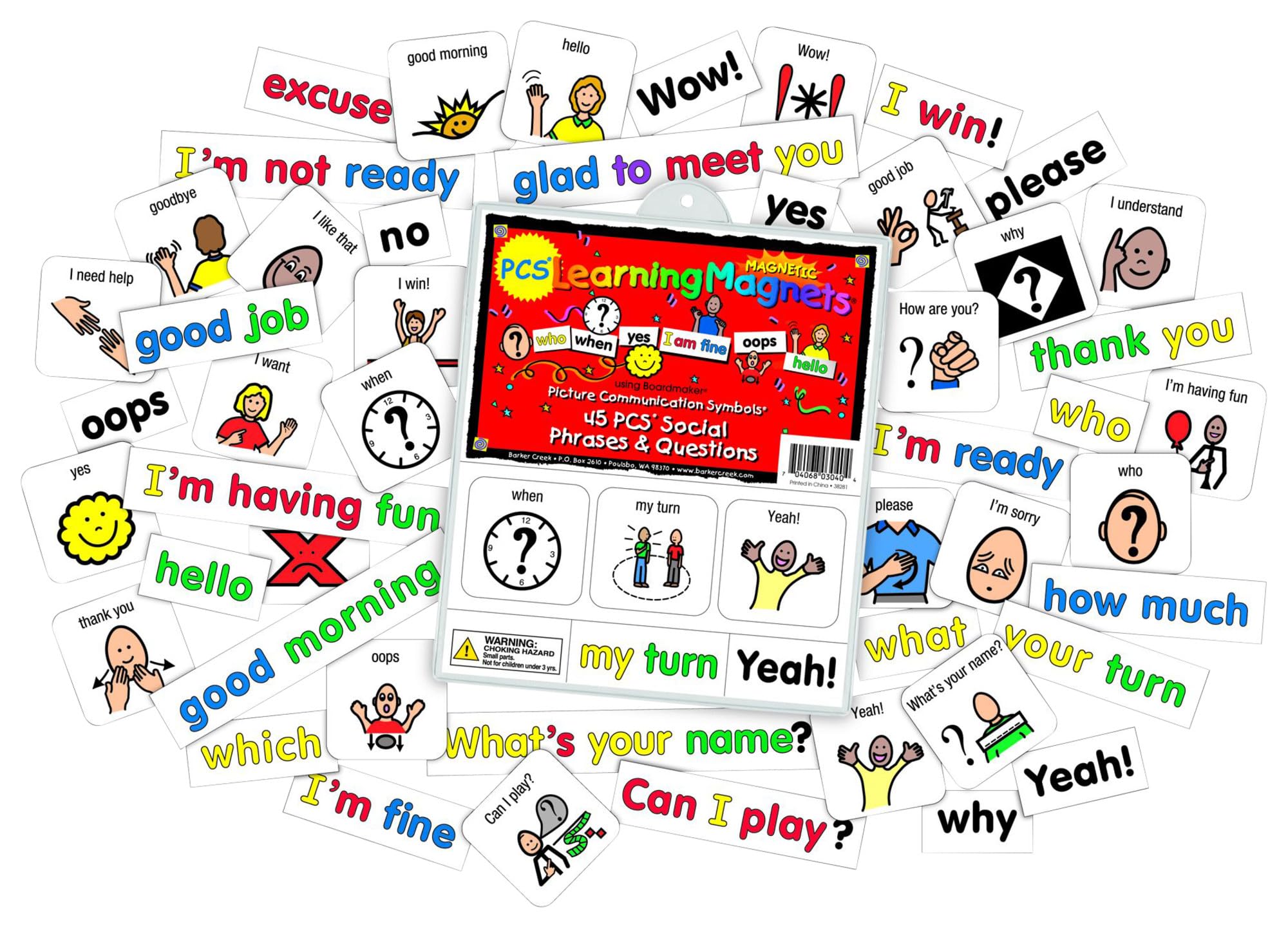 Barker Creek Learning Magnets, for Children, Picture Communication Symbol Magnets - Social Phrases, Questions, Companion Words (3040)