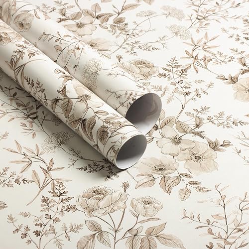 Erfoni Boho Floral Peel and Stick Wallpaper Beige Flower Leaf Contact Paper | 16.9" x118" Self Adhesive Removable Wallpaper Boho Botanical Wallpaper for Bedroom Cabinets Decor Vinyl Roll Waterproof